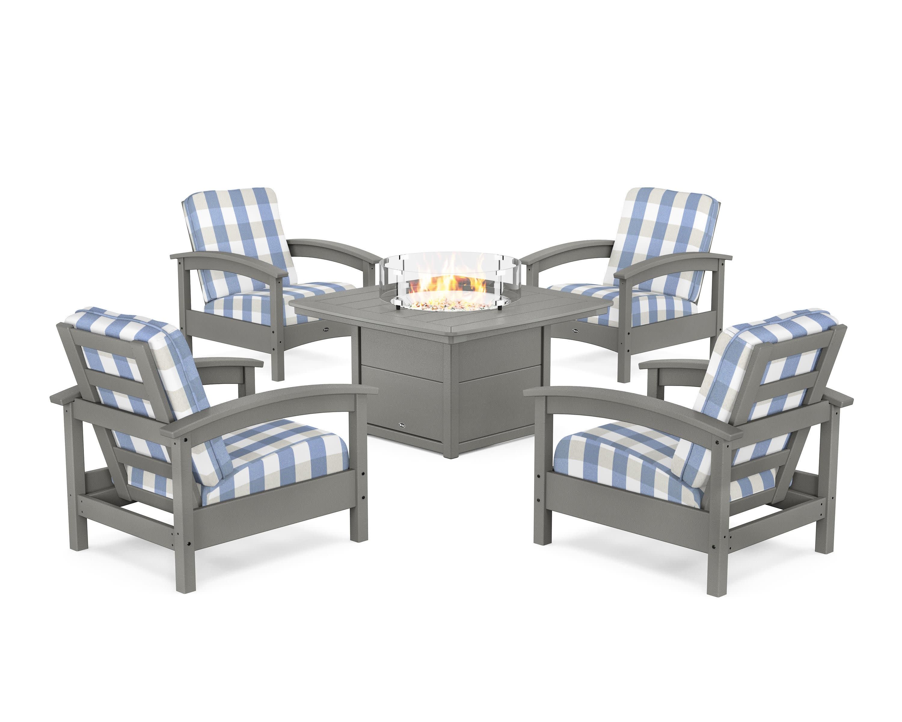 Rockport 5-Piece Deep Seating Set with Yacht Club Fire Pit Table in Stepping Stone / Buffalo Plaid Sky Blue