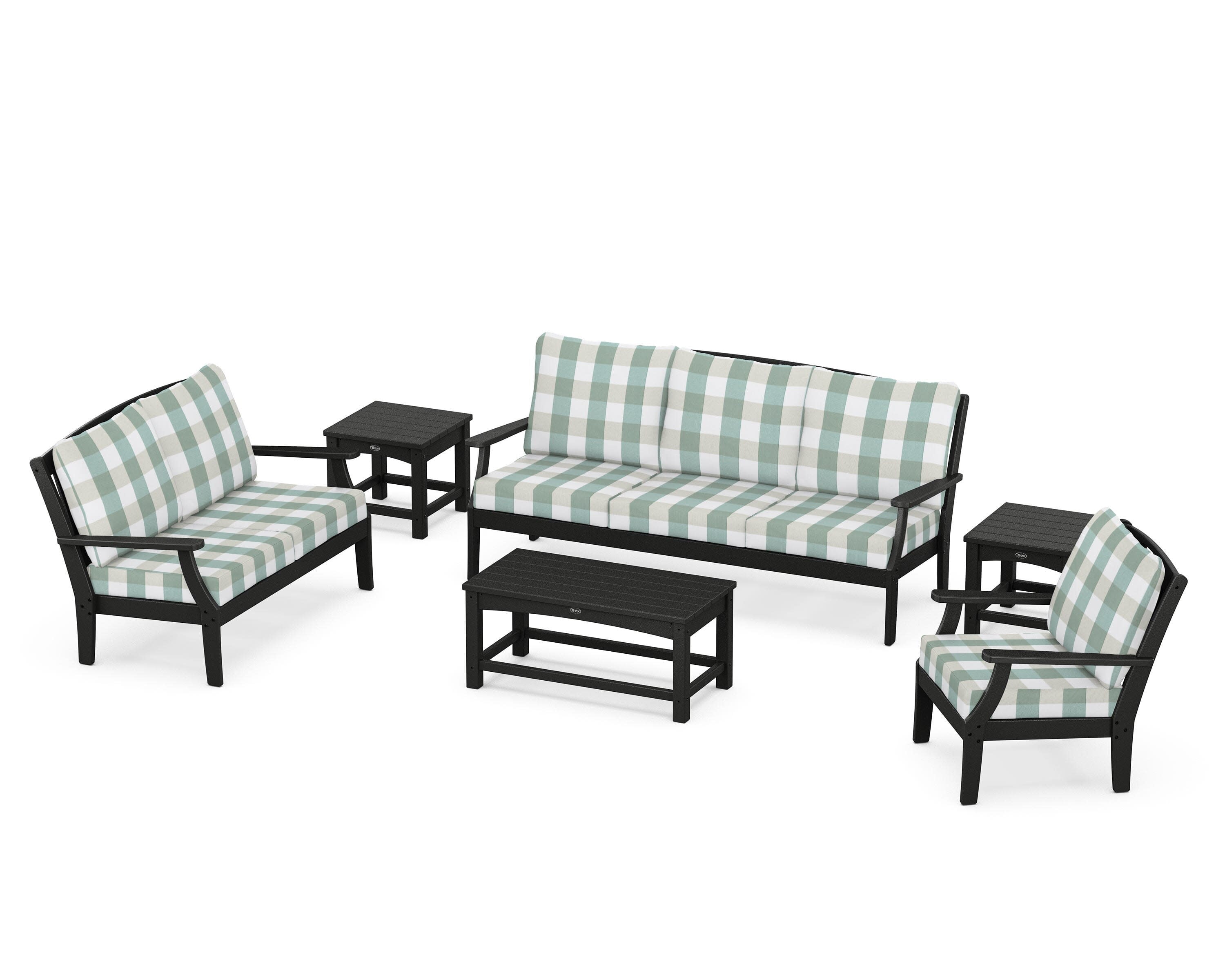 Yacht Club 6-Piece Deep Seating Set in Charcoal Black / Buffalo Plaid Glacier Spa