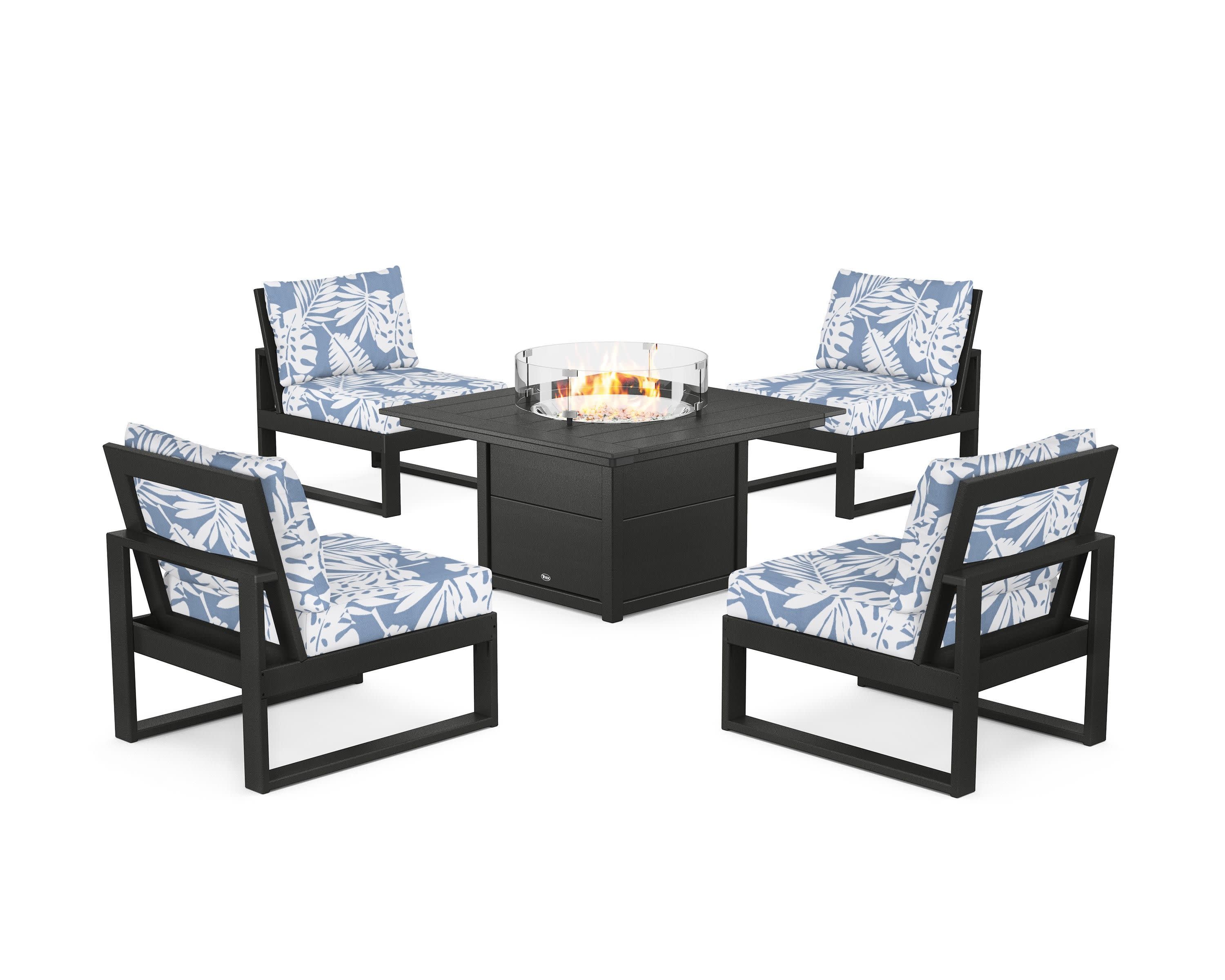 Eastport Modular 5-Piece Deep Seating Set with Square Fire Pit Table in Charcoal Black / Leaf Sky Blue