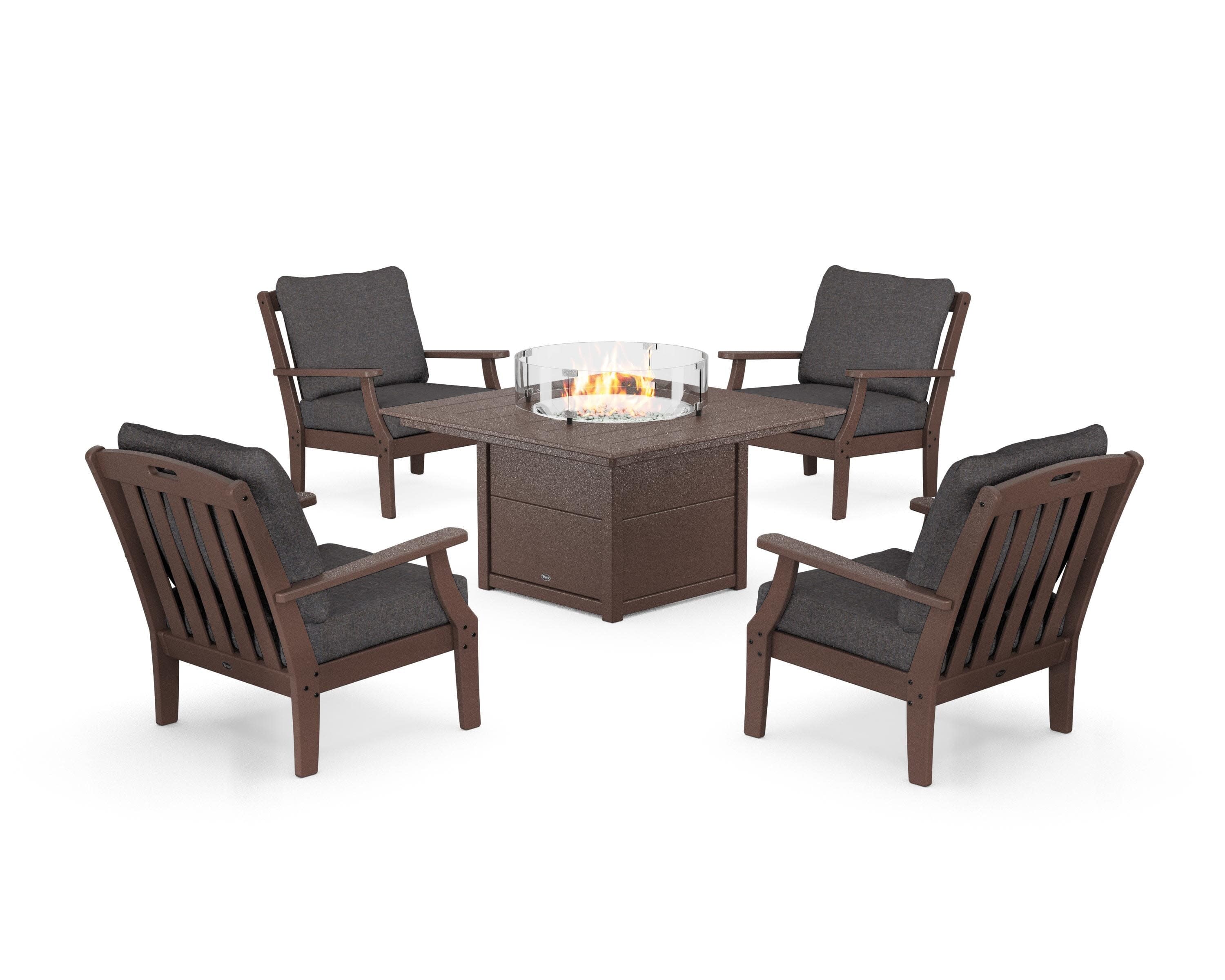 Yacht Club 5-Piece Deep Seating Set with Square Fire Pit Table in Vintage Lantern / Ash Charcoal