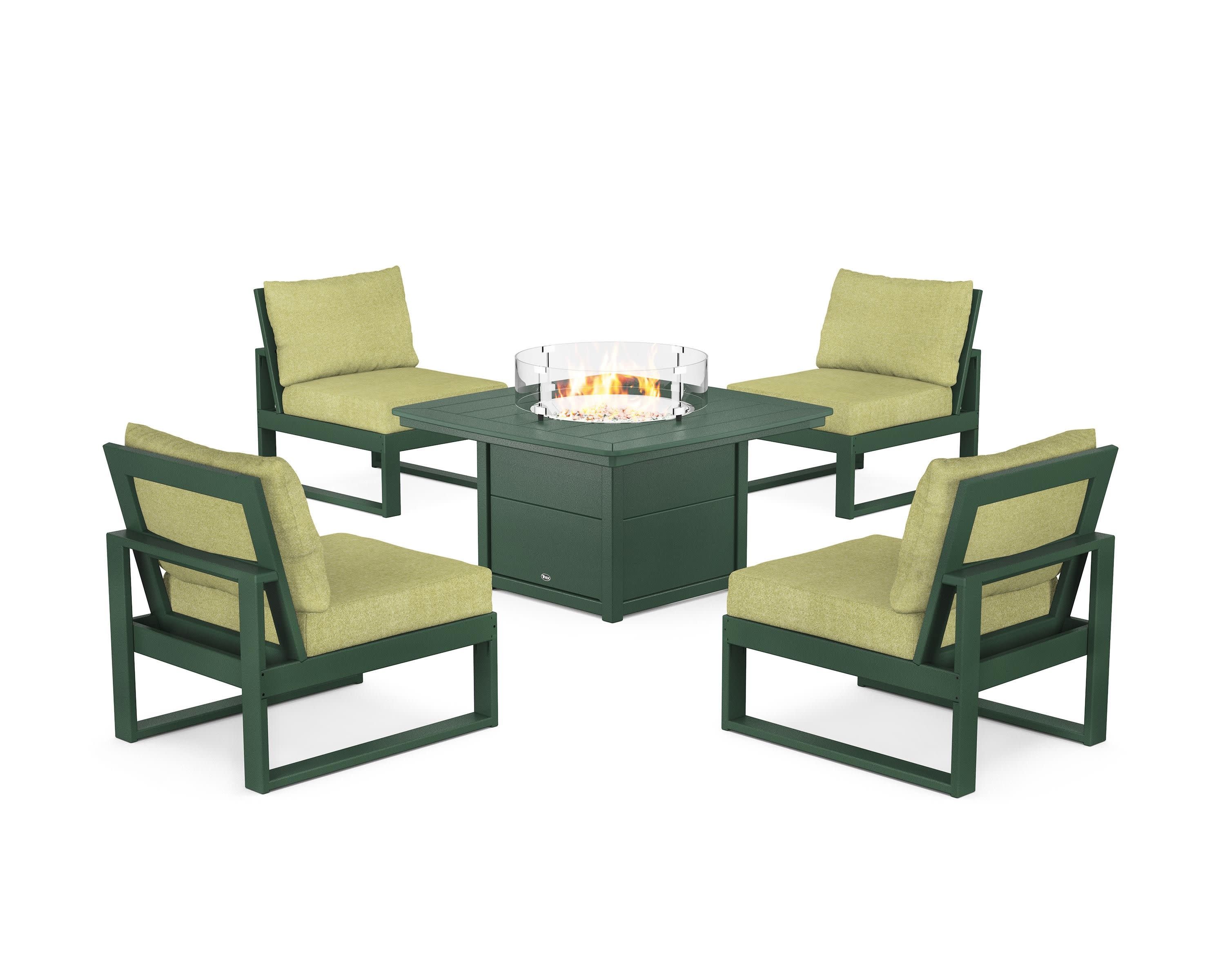 Eastport Modular 5-Piece Deep Seating Set with Yacht Club Fire Pit Table in Rainforest Canopy / Chartreuse Boucle