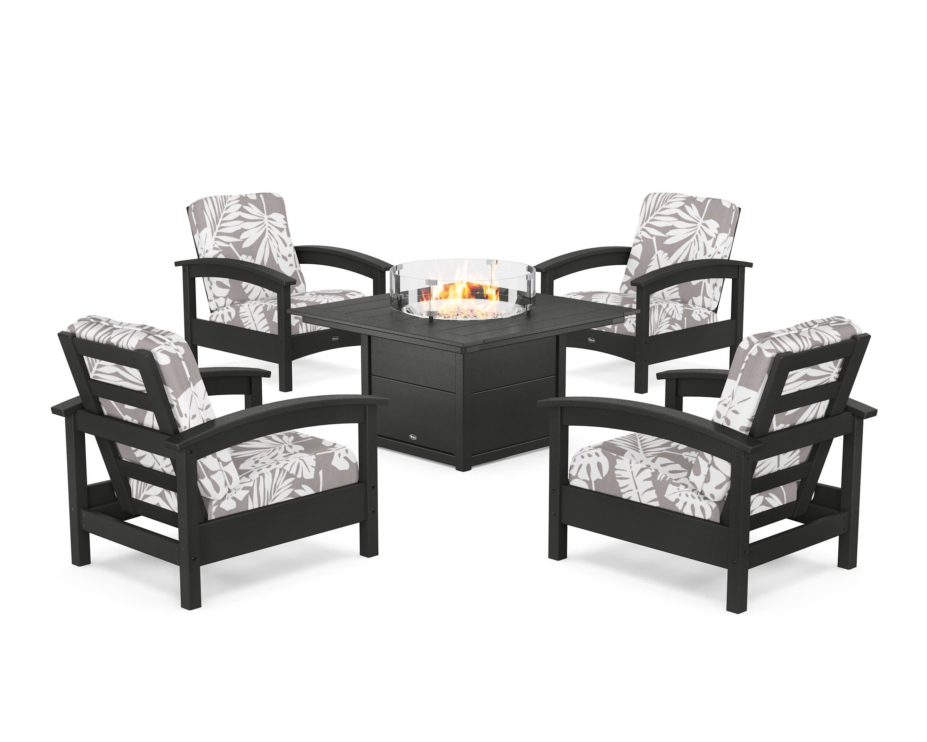 Rockport 5-Piece Deep Seating Set with Square Fire Pit Table in Charcoal Black / Leaf Grey Mist