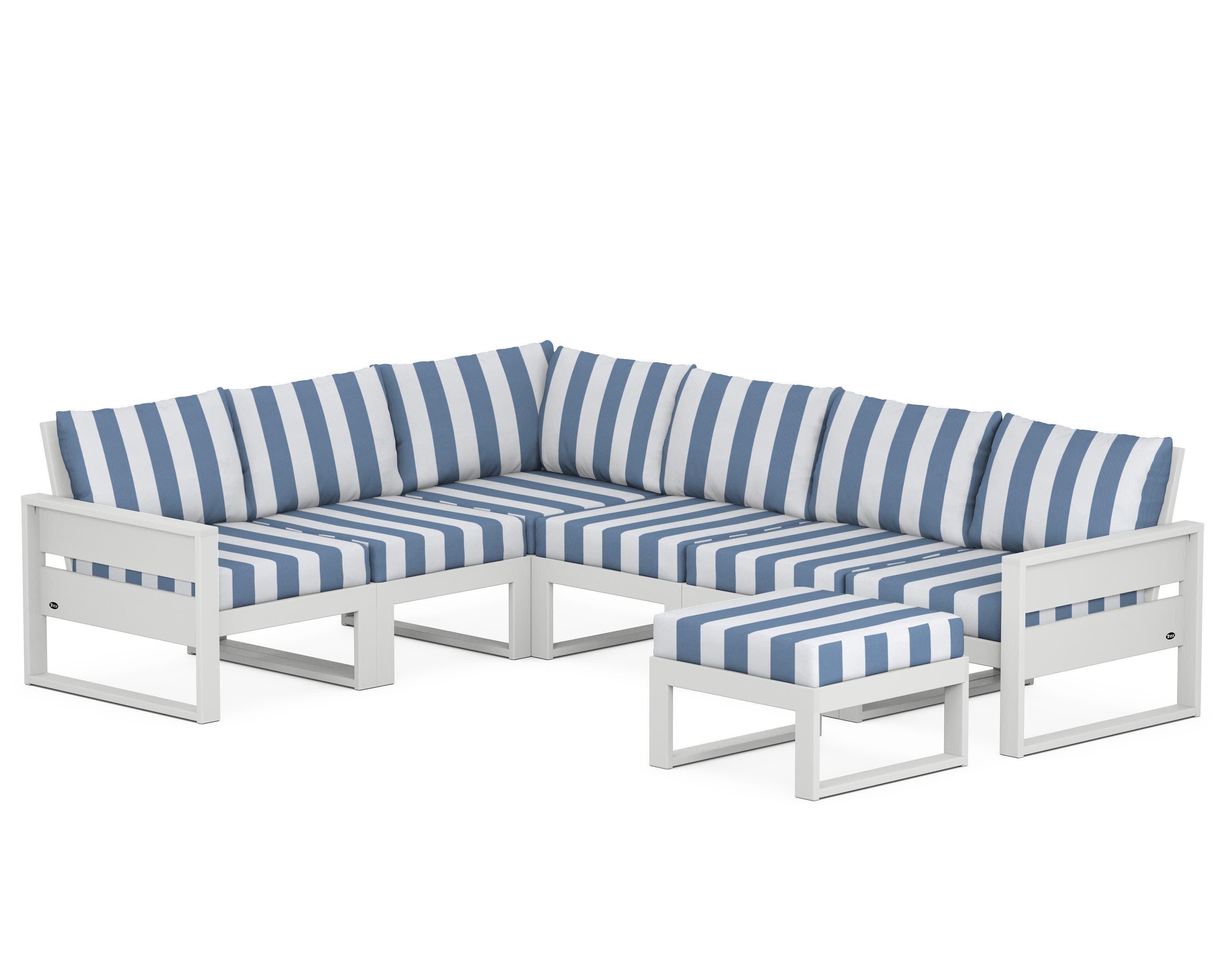 Eastport 6-Piece Sectional with Ottoman in Classic White / Cabana Stripe Sky Blue