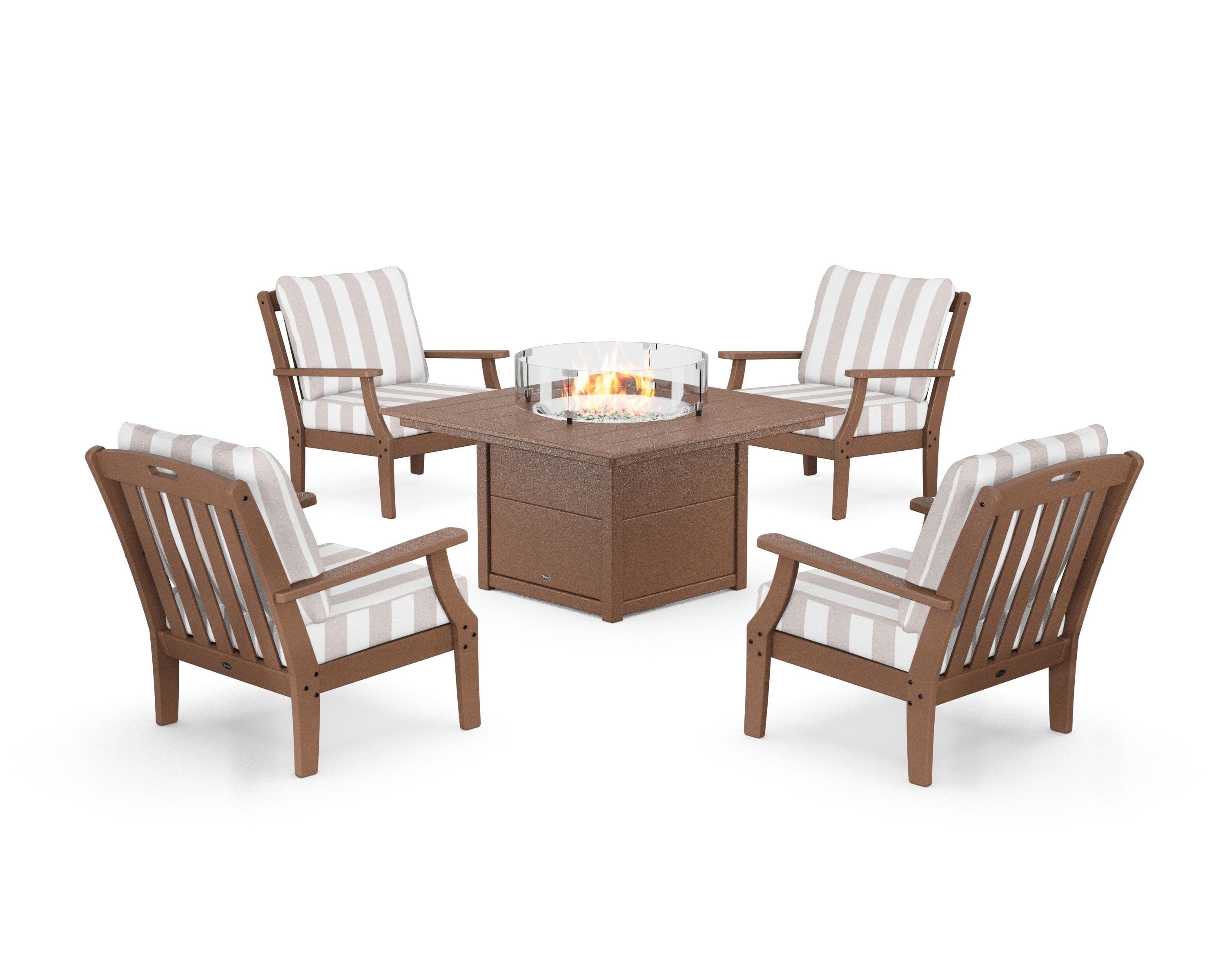 Yacht Club 5-Piece Deep Seating Set with Square Fire Pit Table in Tree House / Cabana Stripe Dune Burlap