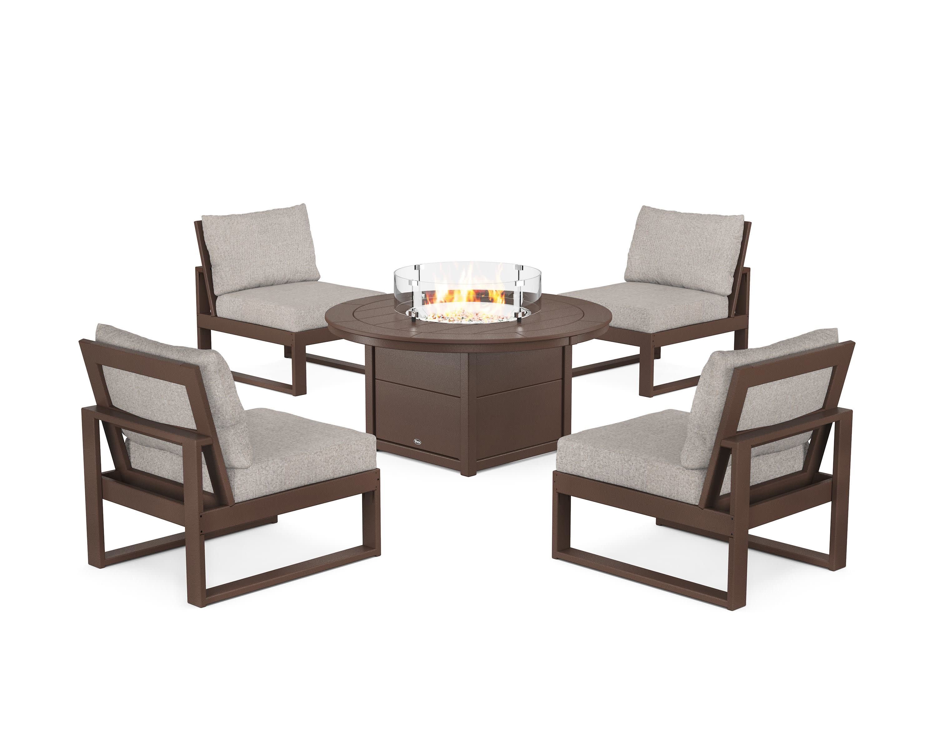 Eastport Modular 5-Piece Deep Seating Set with Round Fire Pit Table in Vintage Lantern / Weathered Tweed
