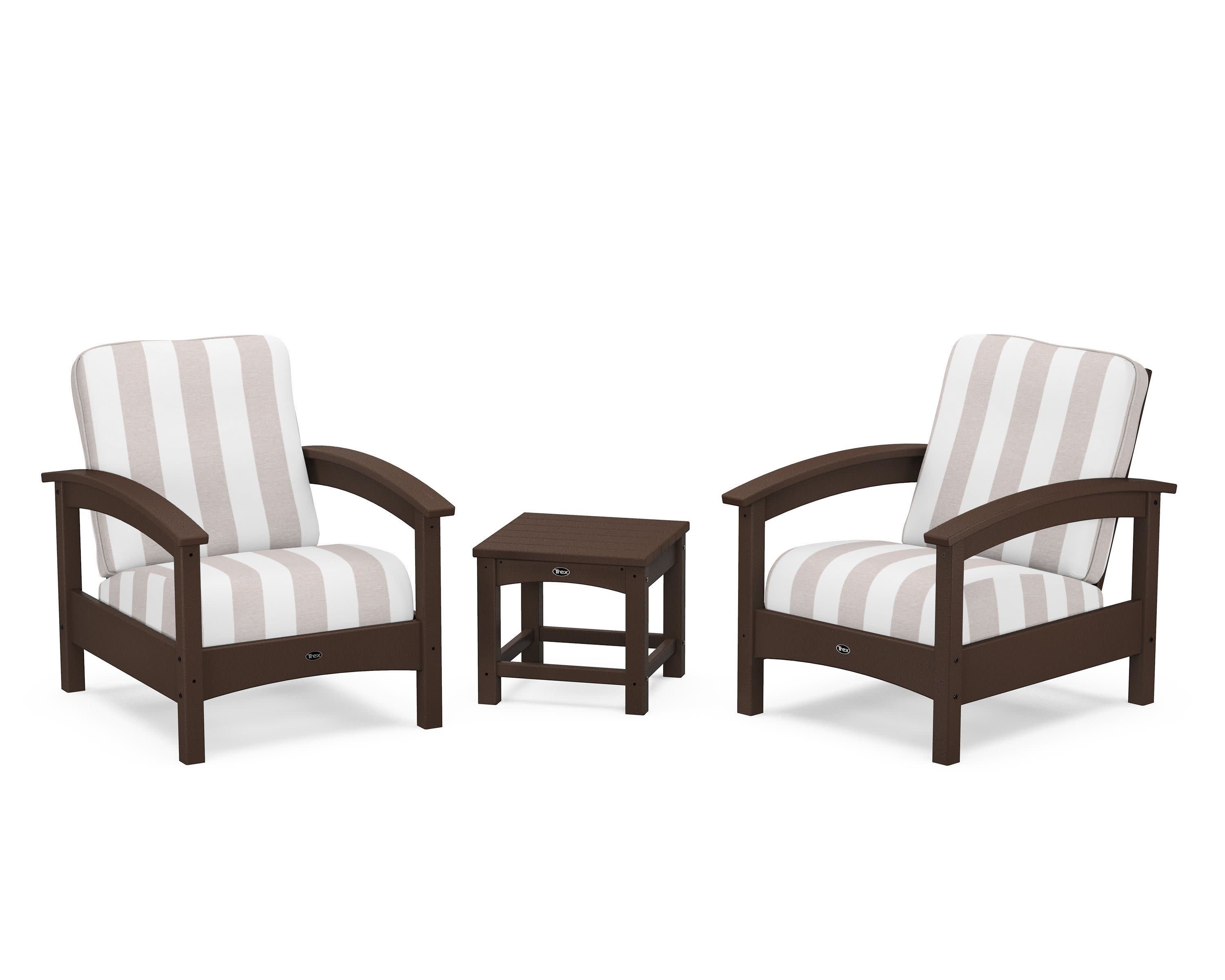 Rockport Club 3-Piece Deep Seating Conversation Set in Vintage Lantern / Cabana Stripe Dune Burlap