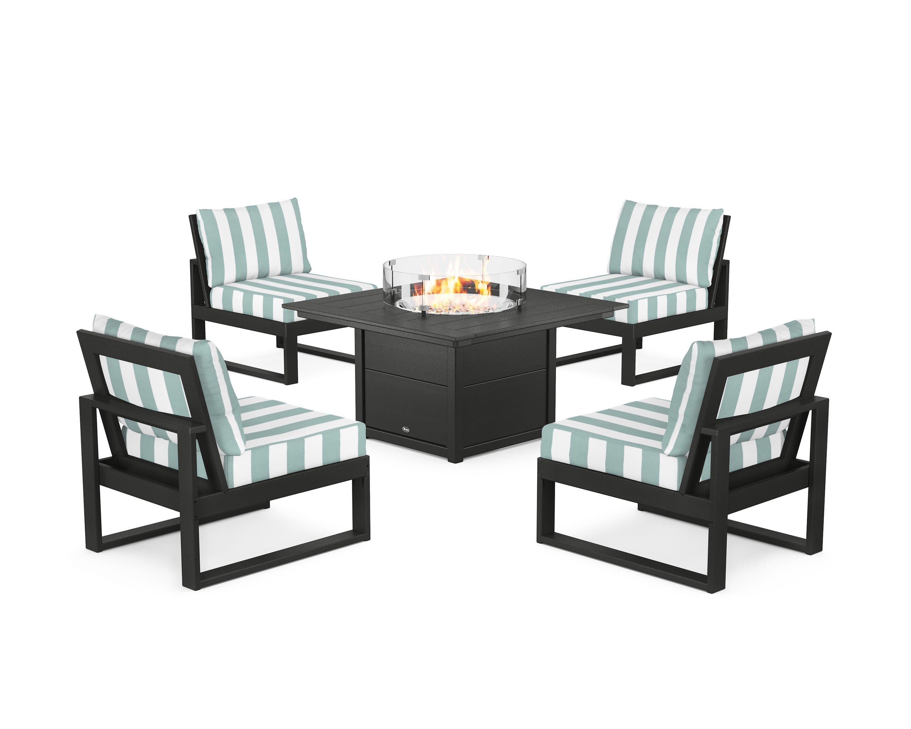 Eastport Modular 5-Piece Deep Seating Set with Square Fire Pit Table in Charcoal Black / Cabana Stripe Glacier Spa