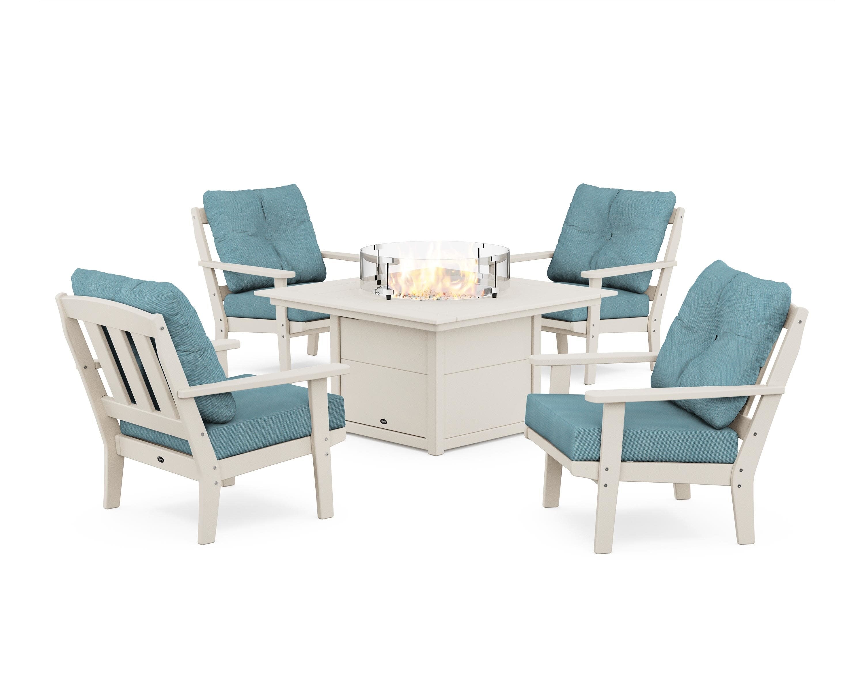 Cape Cod 5-Piece Deep Seating Set with Fire Pit Table in Sand Castle / Lattice Sky Blue