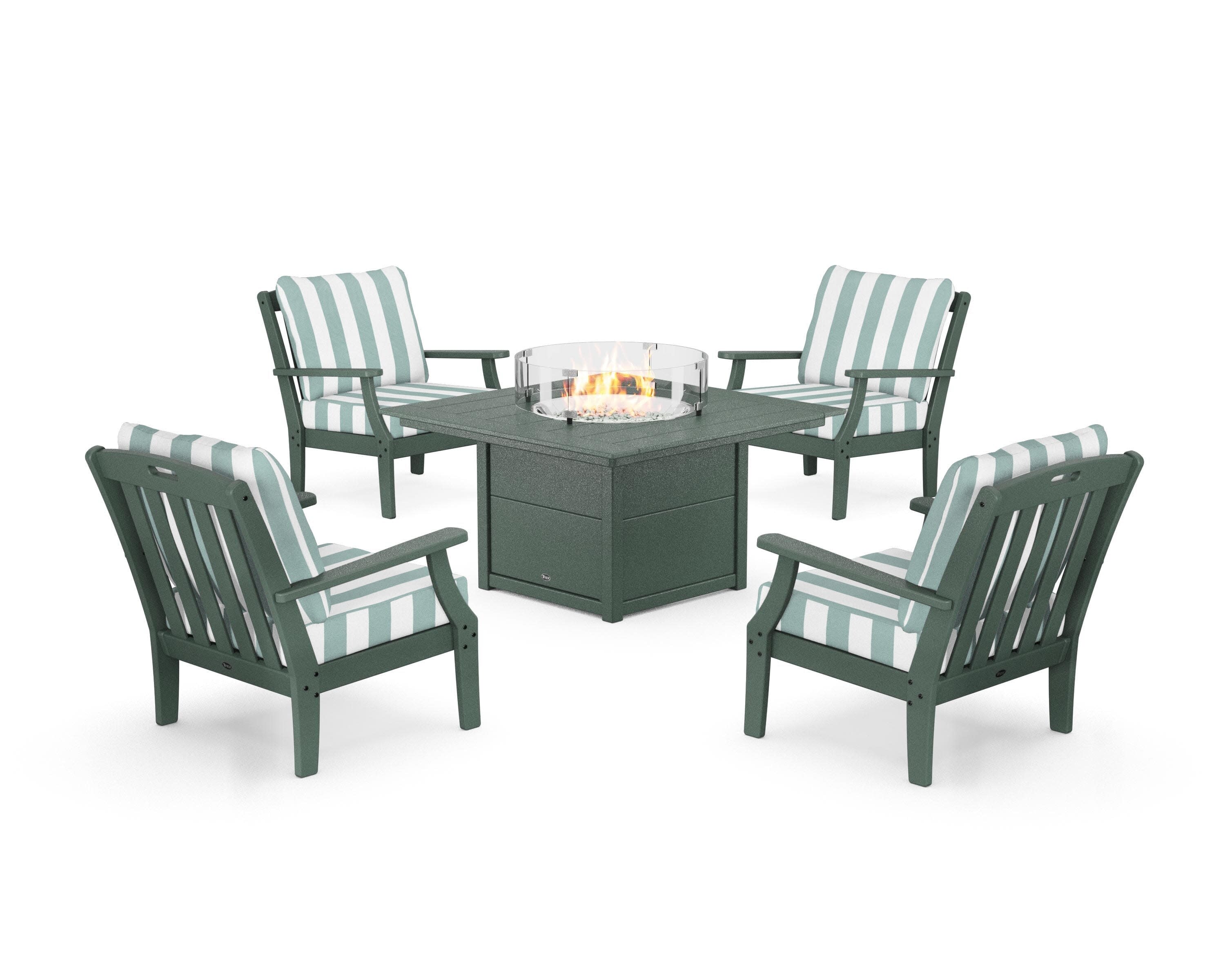Yacht Club 5-Piece Deep Seating Set with Square Fire Pit Table in Rainforest Canopy / Cabana Stripe Glacier Spa