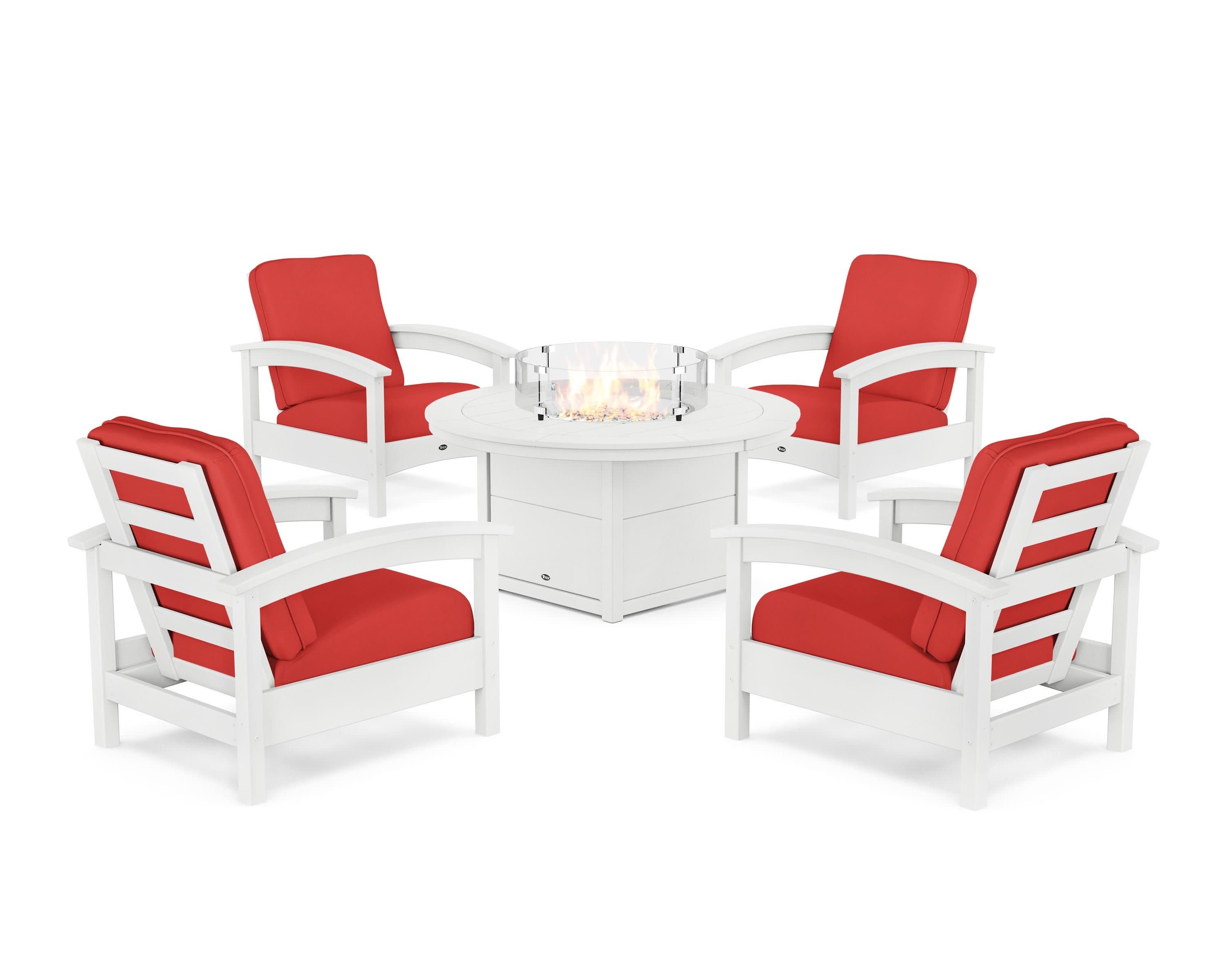 Rockport 5-Piece Deep Seating Set with Round Fire Pit Table in Classic White / Crimson Linen