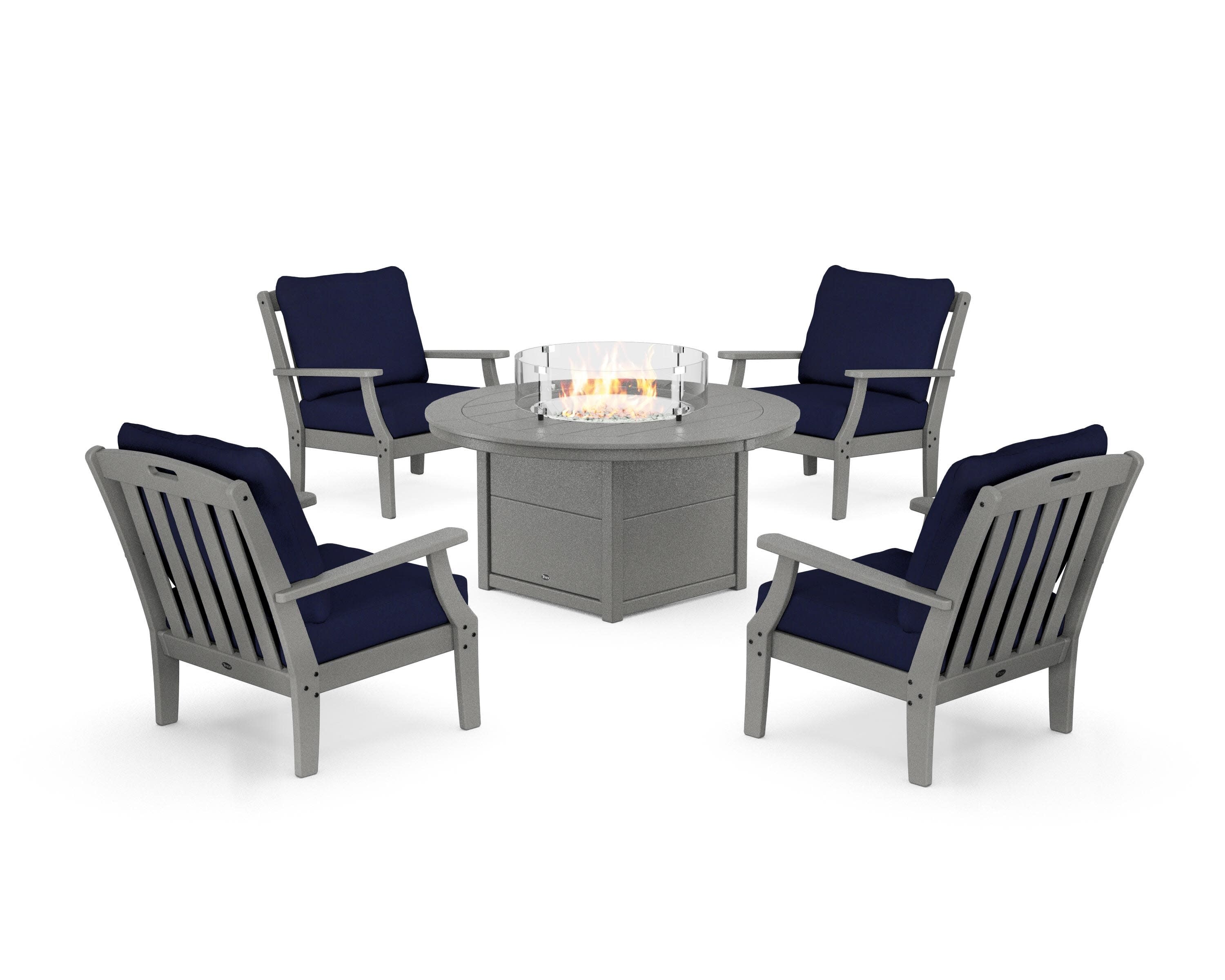 Yacht Club 5-Piece Deep Seating Set with Round Fire Pit Table in Stepping Stone / Navy