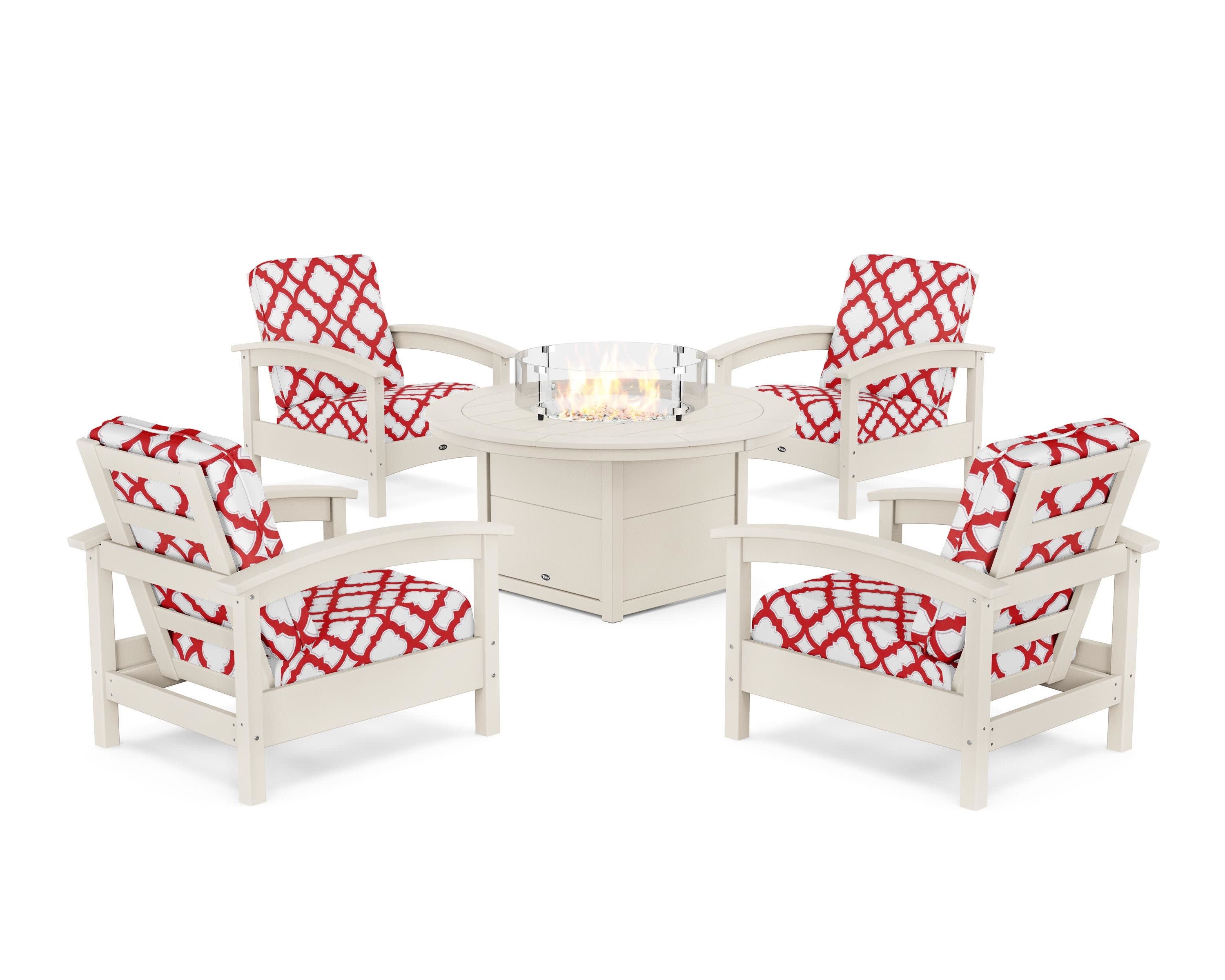 Rockport 5-Piece Deep Seating Set with Round Fire Pit Table in Sand Castle / Trellis Crimson