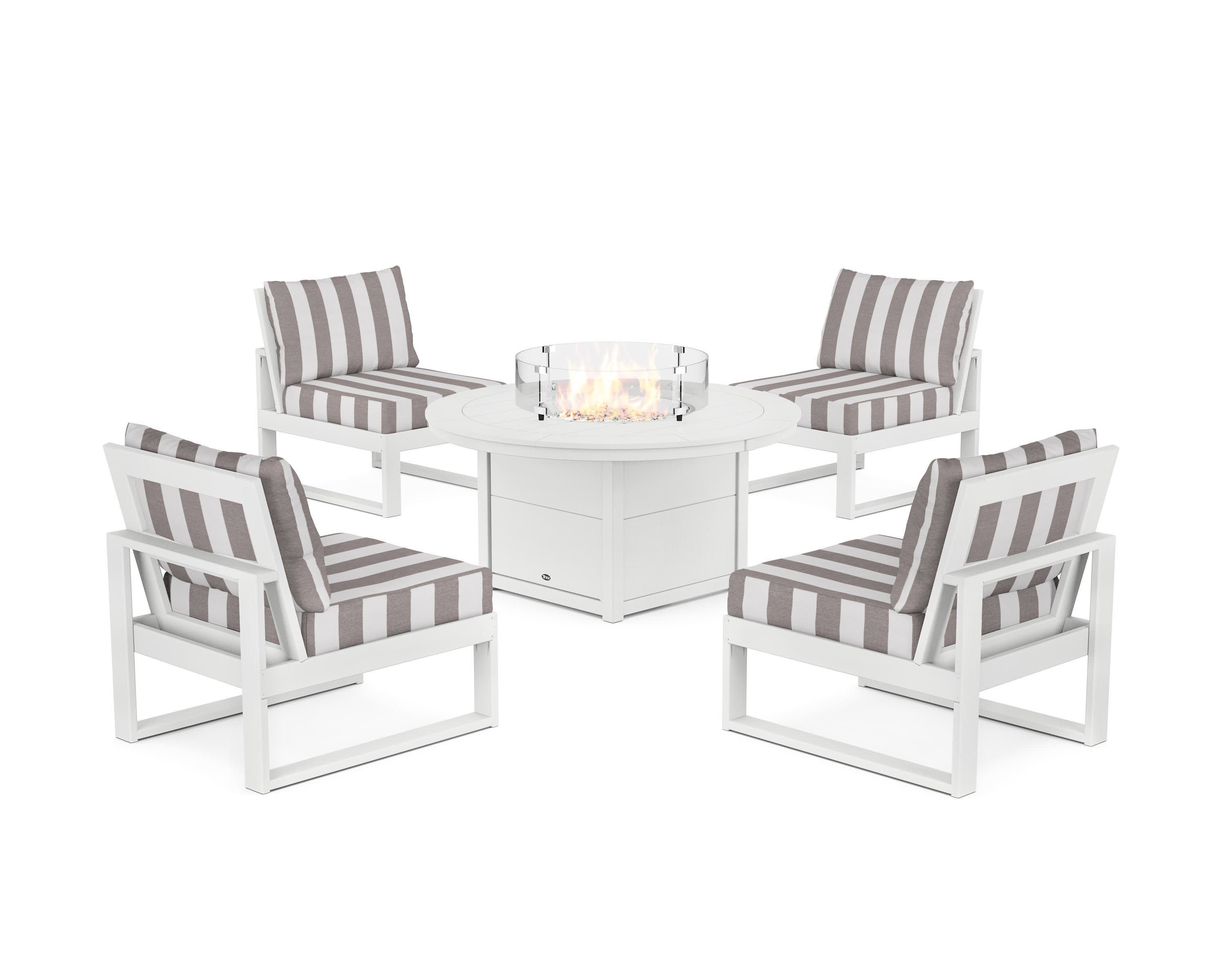 Eastport Modular 5-Piece Deep Seating Set with Round Fire Pit Table in Classic White / Cabana Stripe Grey Mist