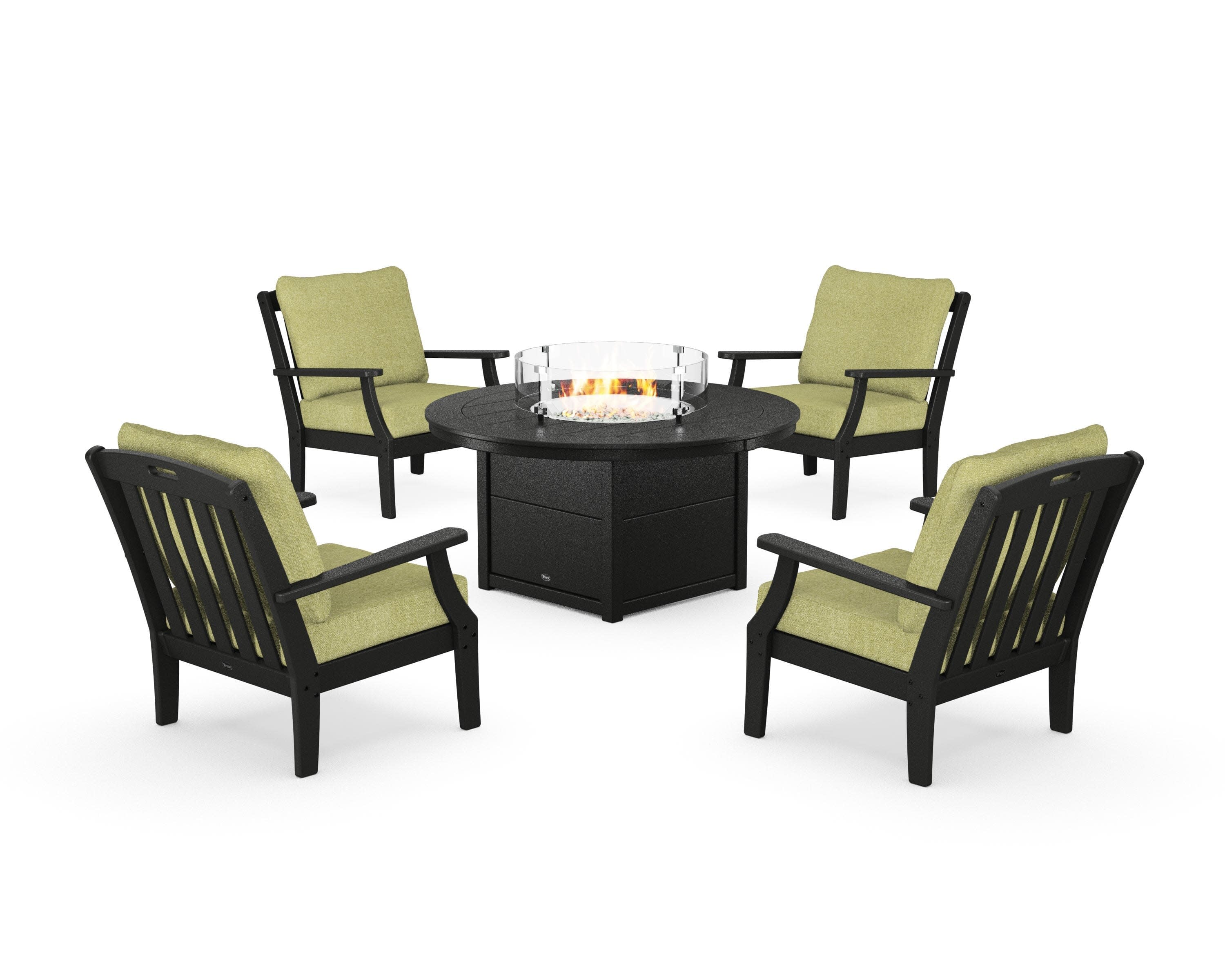 Yacht Club 5-Piece Deep Seating Set with Round Fire Pit Table in Charcoal Black / Chartreuse Boucle