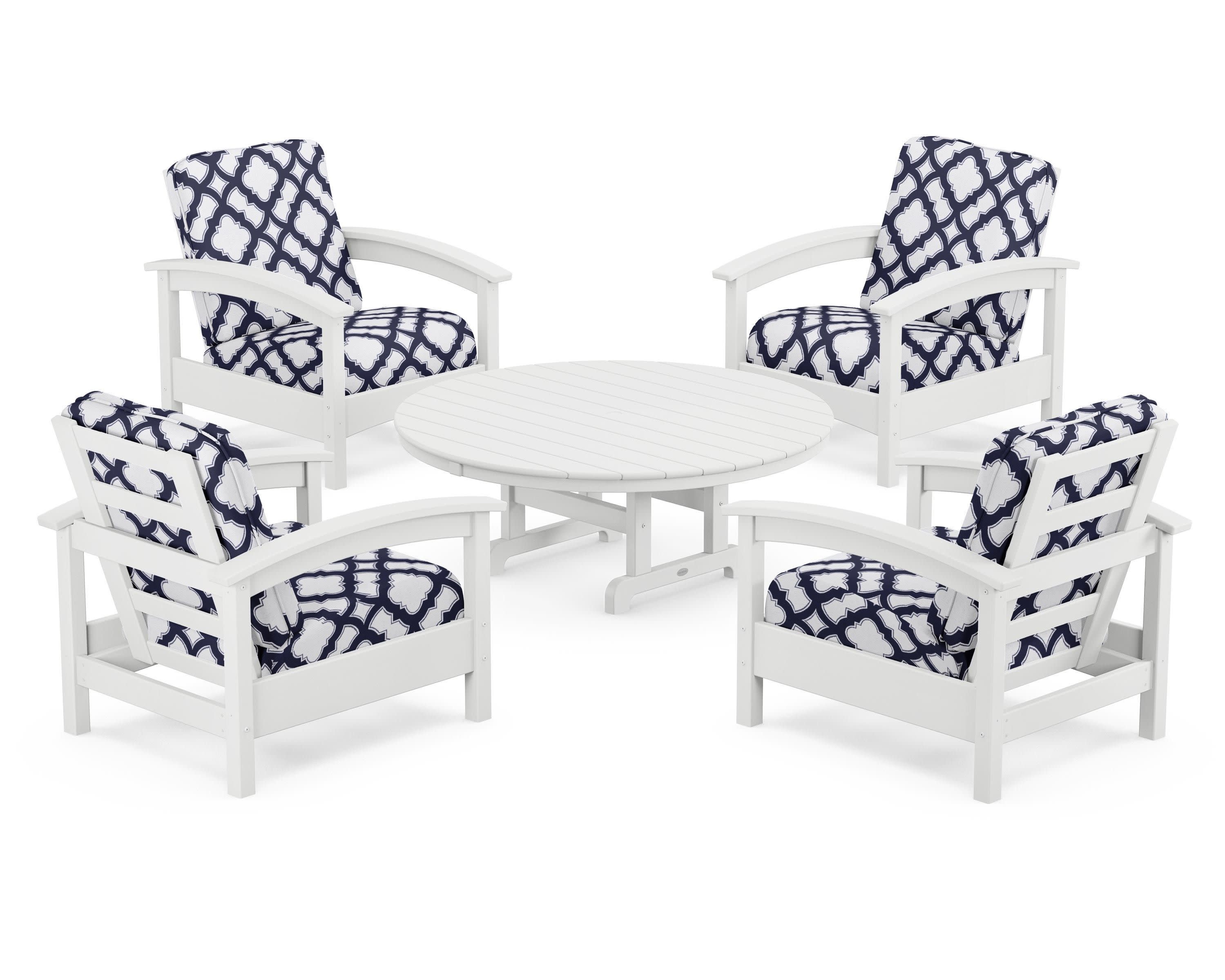 Rockport 5-Piece Deep Seating Set in Classic White / Trellis Navy