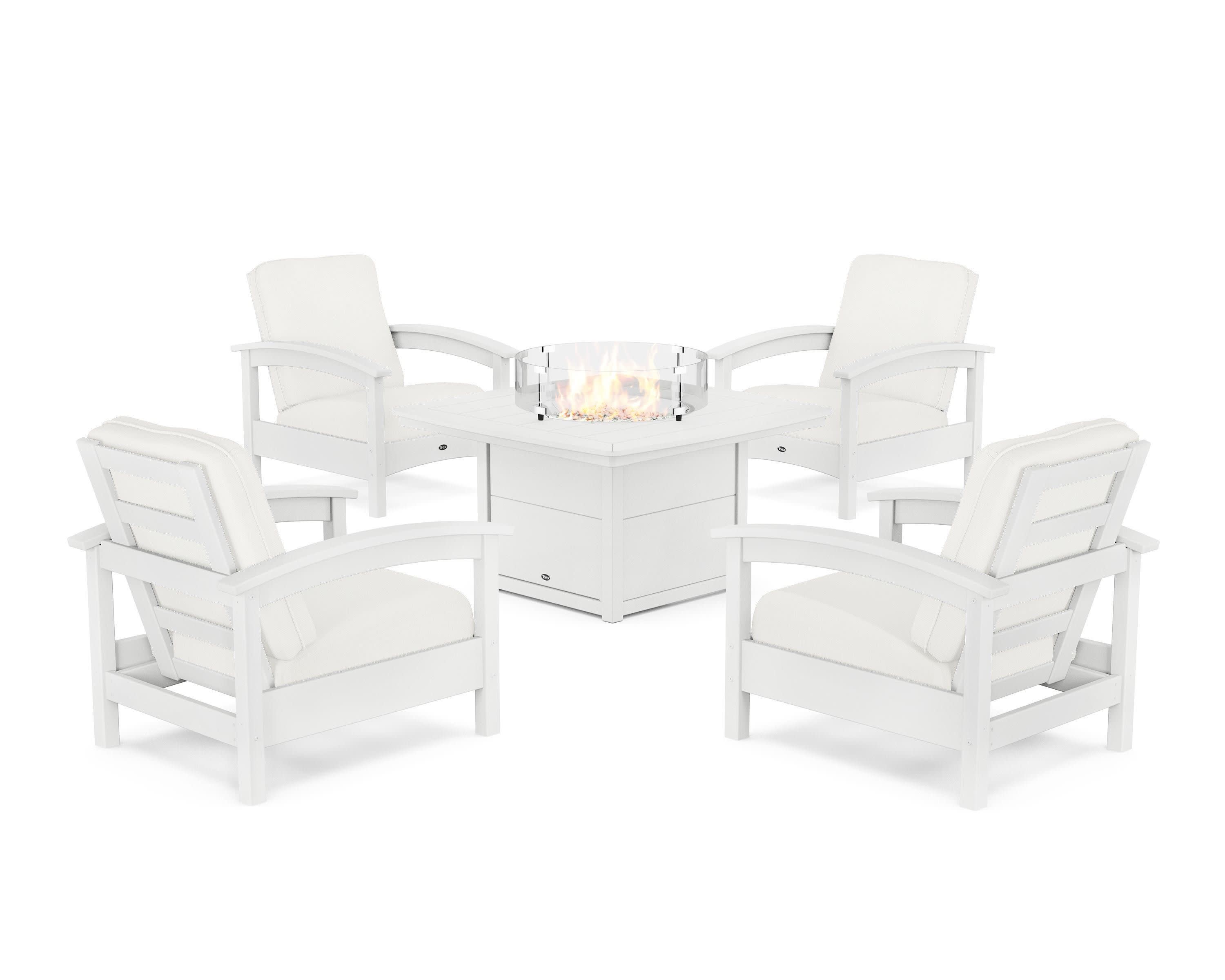 Rockport 5-Piece Deep Seating Set with Yacht Club Fire Pit Table in Classic White / Natural Linen