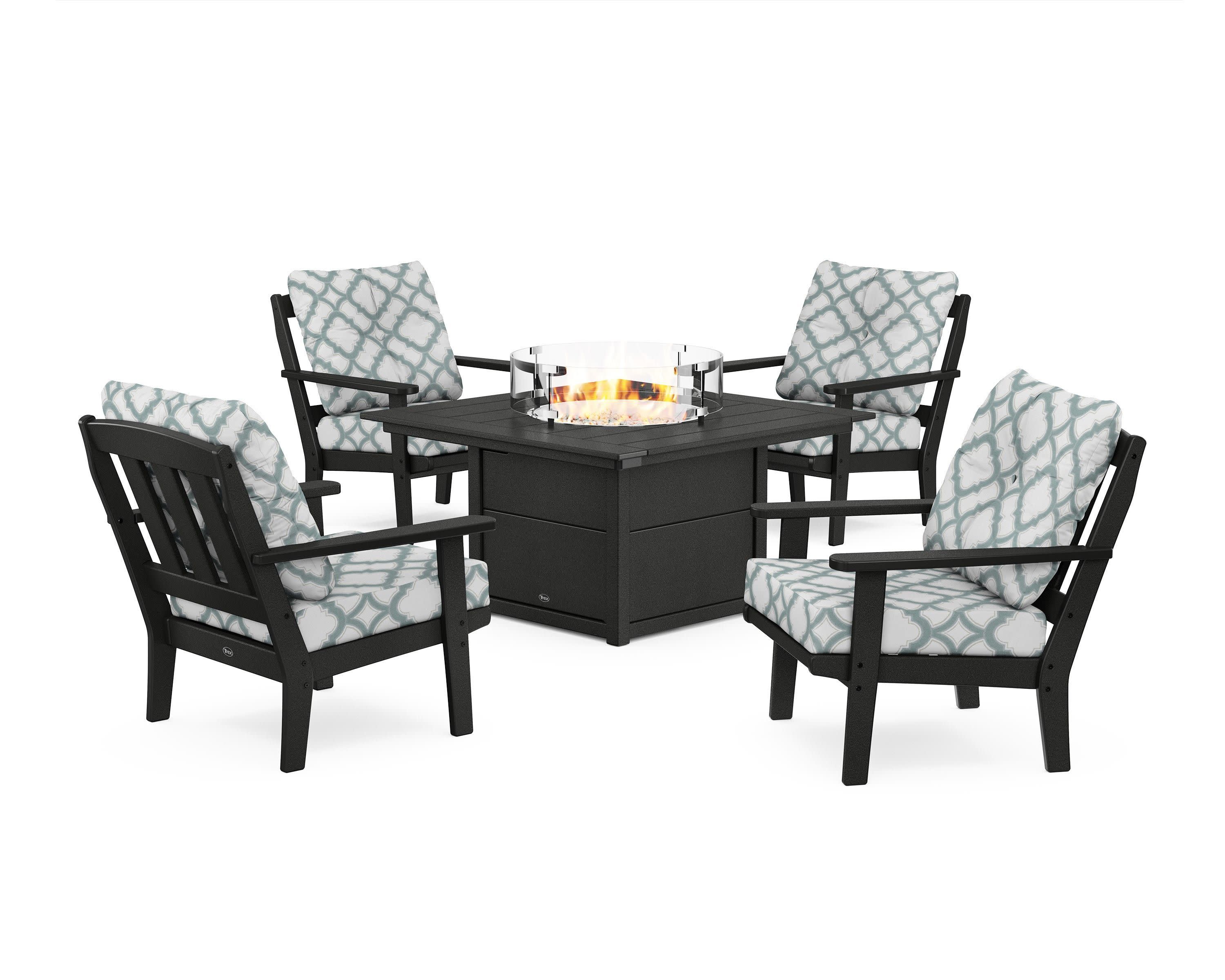 Cape Cod 5-Piece Deep Seating Set with Fire Pit Table in Charcoal Black / Trellis Glacier Spa