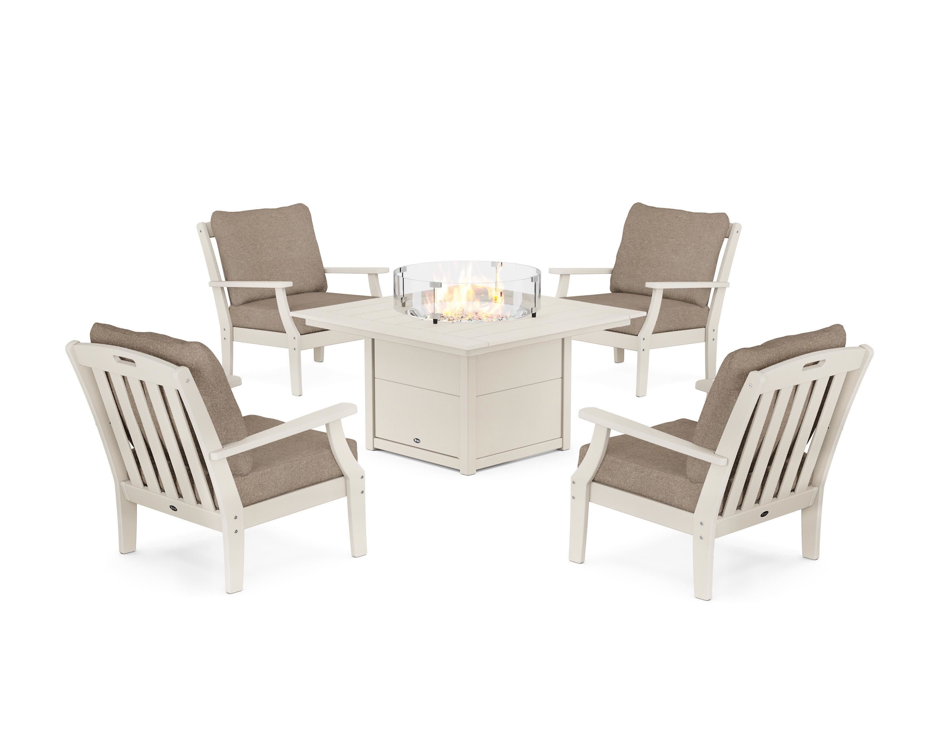 Yacht Club 5-Piece Deep Seating Set with Square Fire Pit Table in Sand Castle / Spiced Burlap