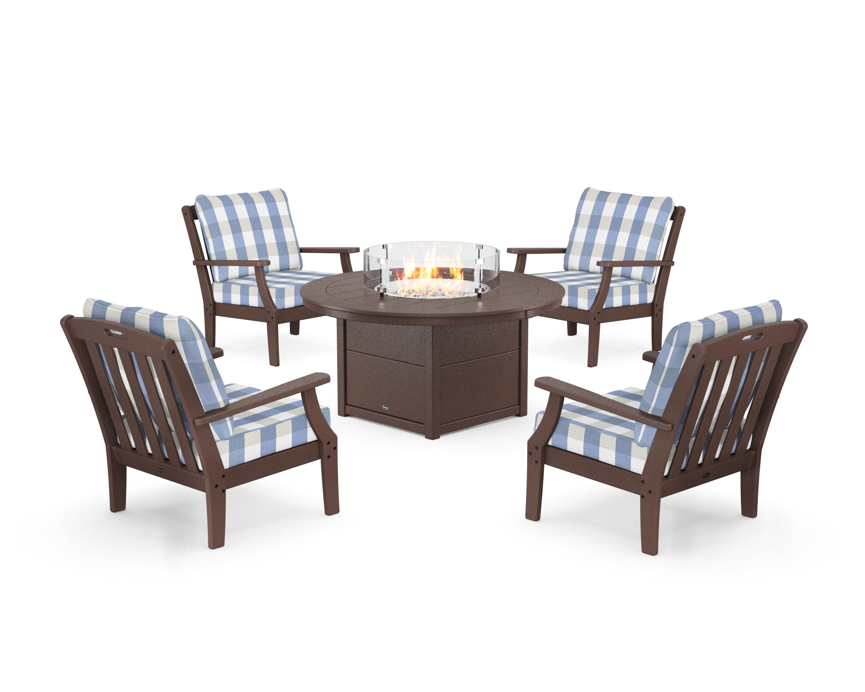 Yacht Club 5-Piece Deep Seating Set with Round Fire Pit Table in Vintage Lantern / Buffalo Plaid Sky Blue