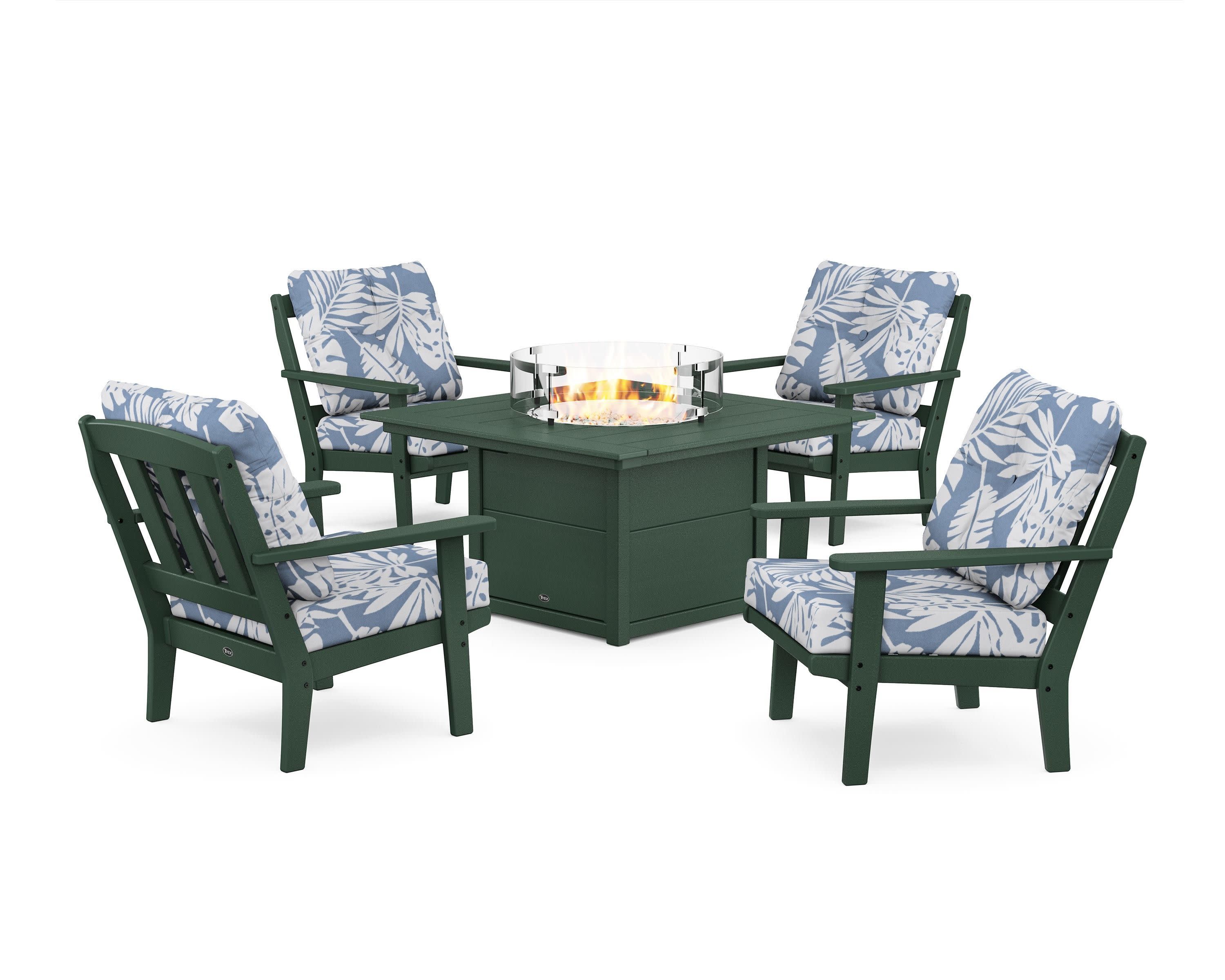 Cape Cod 5-Piece Deep Seating Set with Fire Pit Table in Rainforest Canopy / Leaf Sky Blue