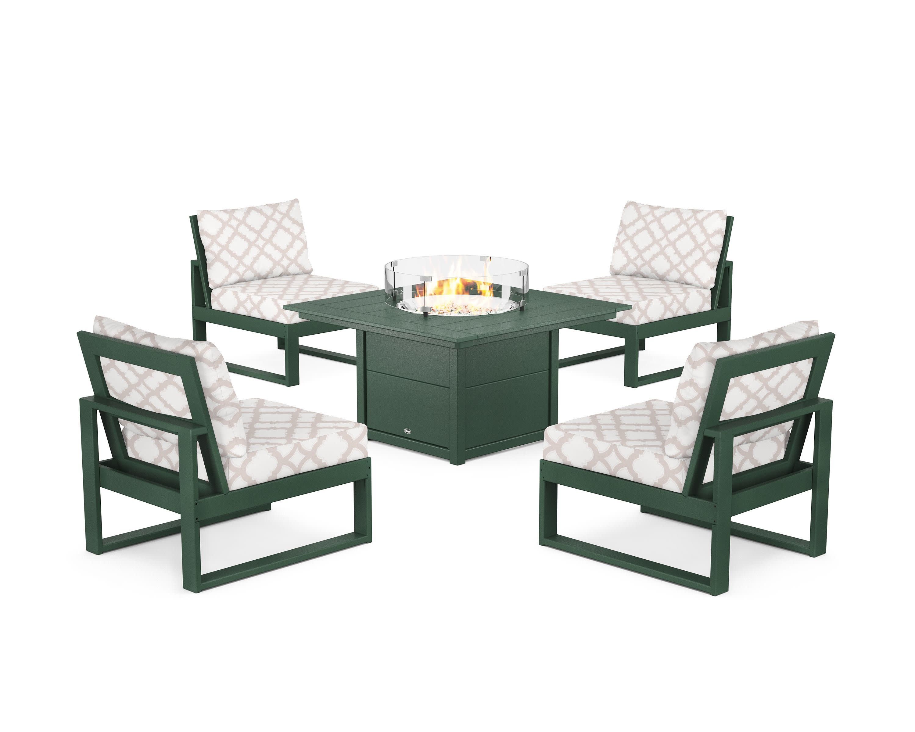 Eastport Modular 5-Piece Deep Seating Set with Square Fire Pit Table in Rainforest Canopy / Trellis Dune Burlap