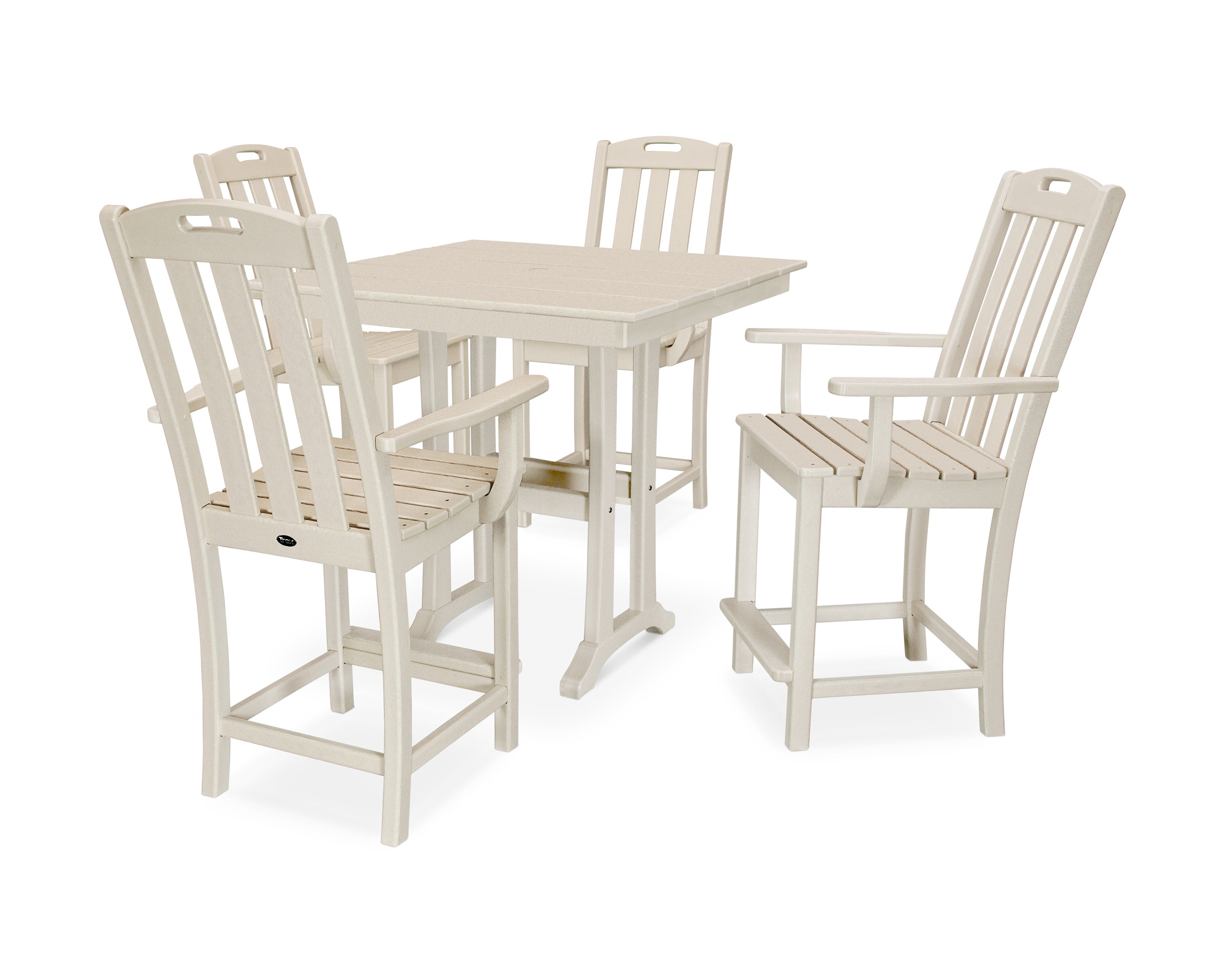 Yacht Club 5-Piece Farmhouse Trestle Arm Chair Counter Set in Sand Castle