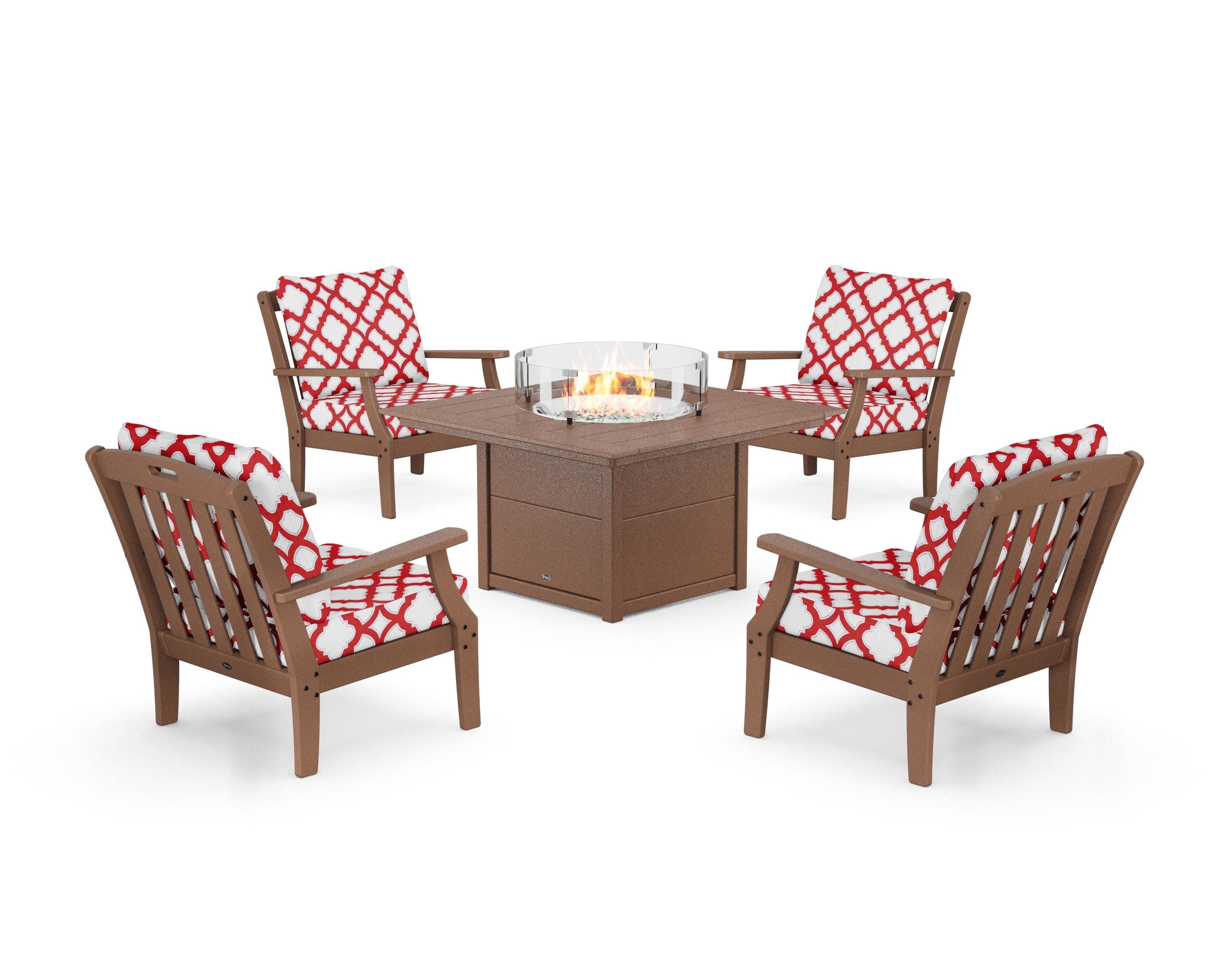 Yacht Club 5-Piece Deep Seating Set with Square Fire Pit Table in Tree House / Trellis Crimson