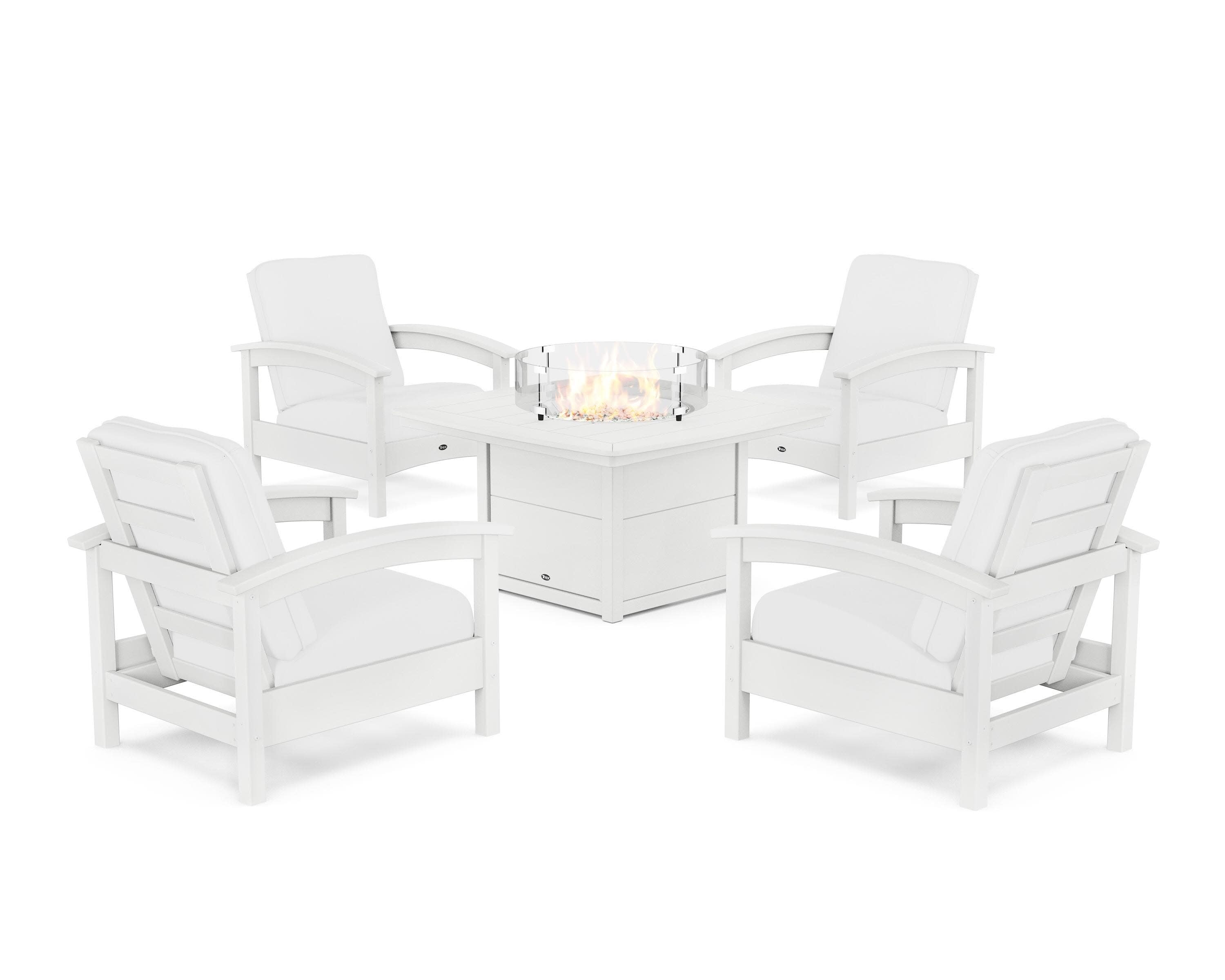 Rockport 5-Piece Deep Seating Set with Yacht Club Fire Pit Table in Classic White / Natural