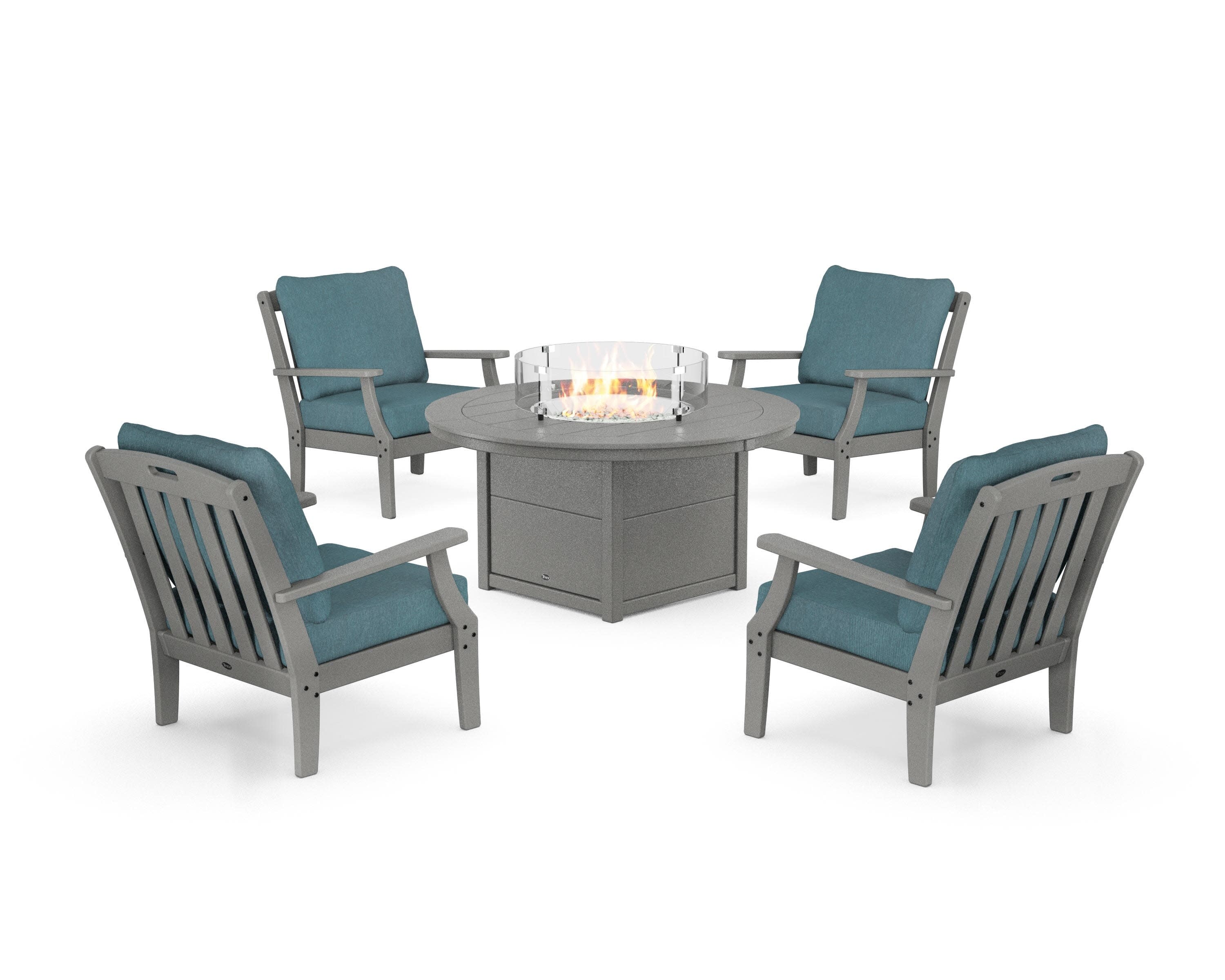 Yacht Club 5-Piece Deep Seating Set with Round Fire Pit Table in Stepping Stone / Ocean Teal