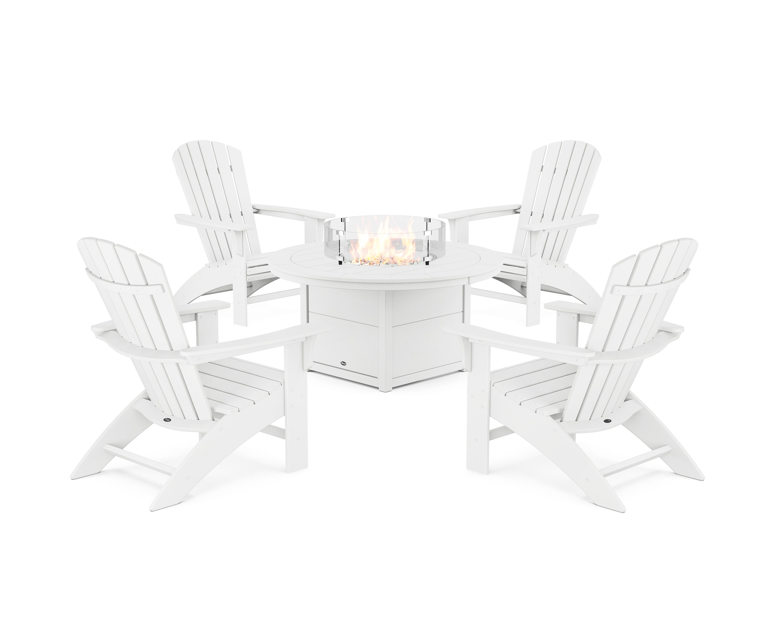 Yacht Club Adirondack 5-Piece Set with Round Fire Pit Table in Classic White