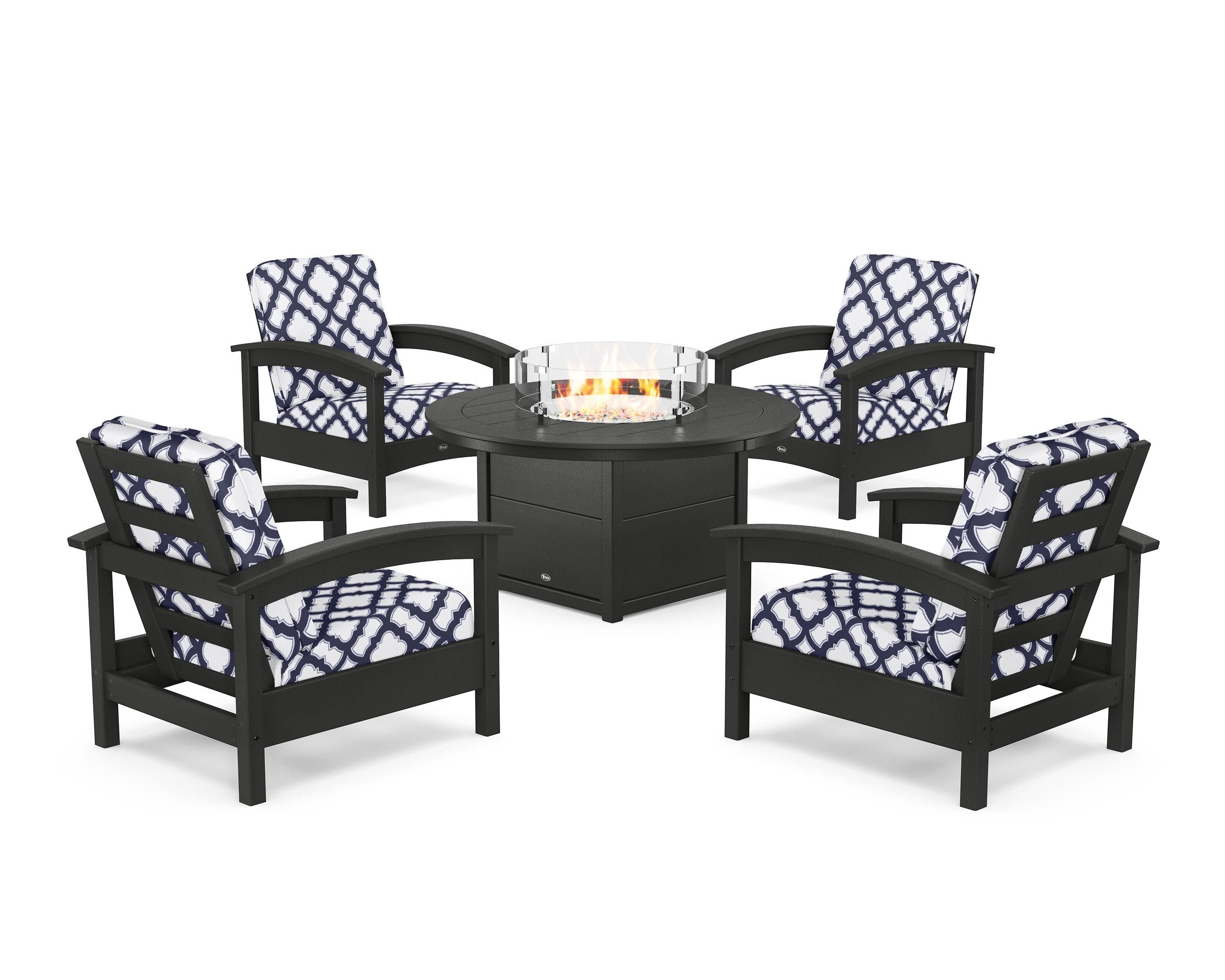 Rockport 5-Piece Deep Seating Set with Round Fire Pit Table in Charcoal Black / Trellis Navy