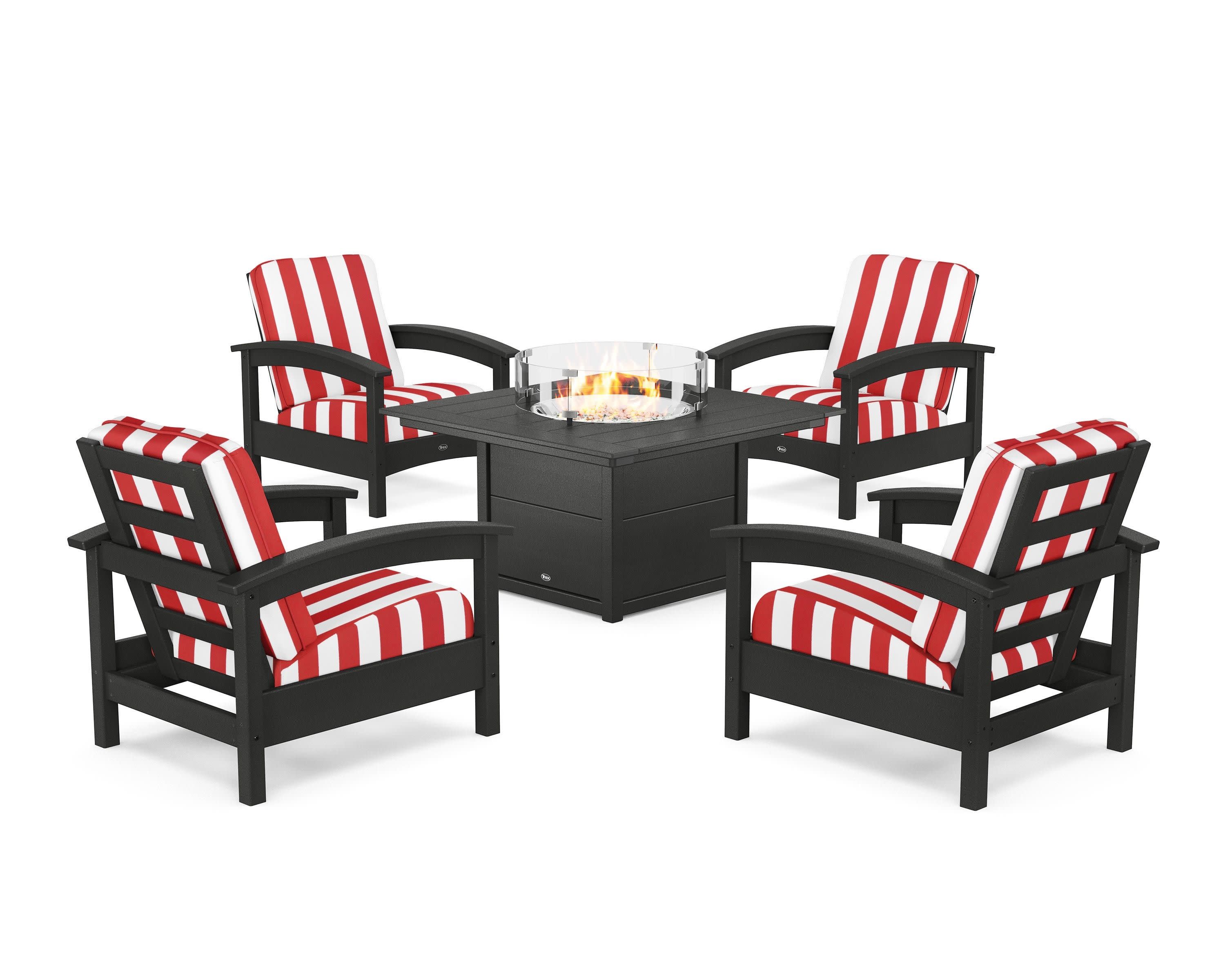Rockport 5-Piece Deep Seating Set with Square Fire Pit Table in Charcoal Black / Cabana Stripe Crimson