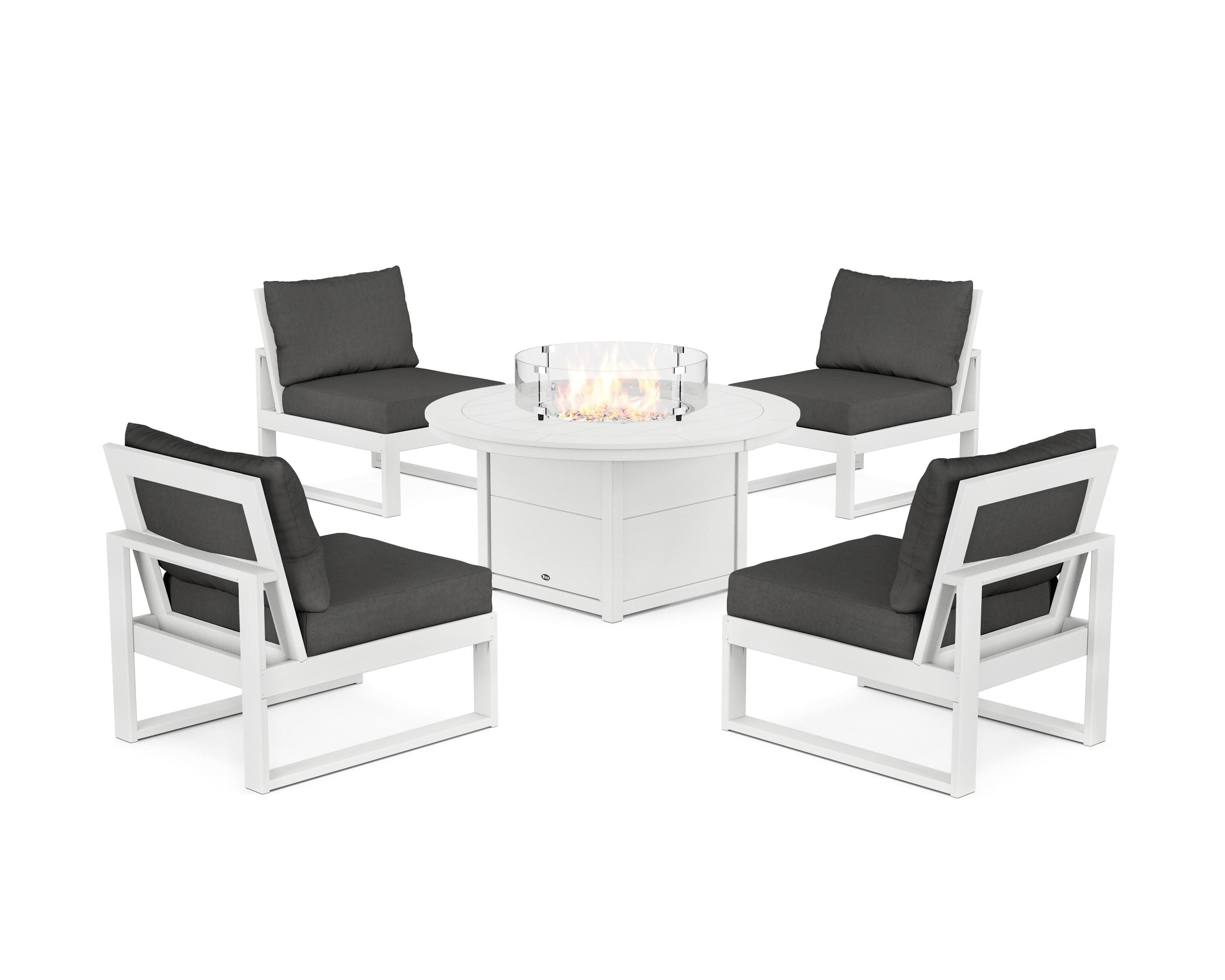 Eastport Modular 5-Piece Deep Seating Set with Round Fire Pit Table in Classic White / Spectrum Carbon