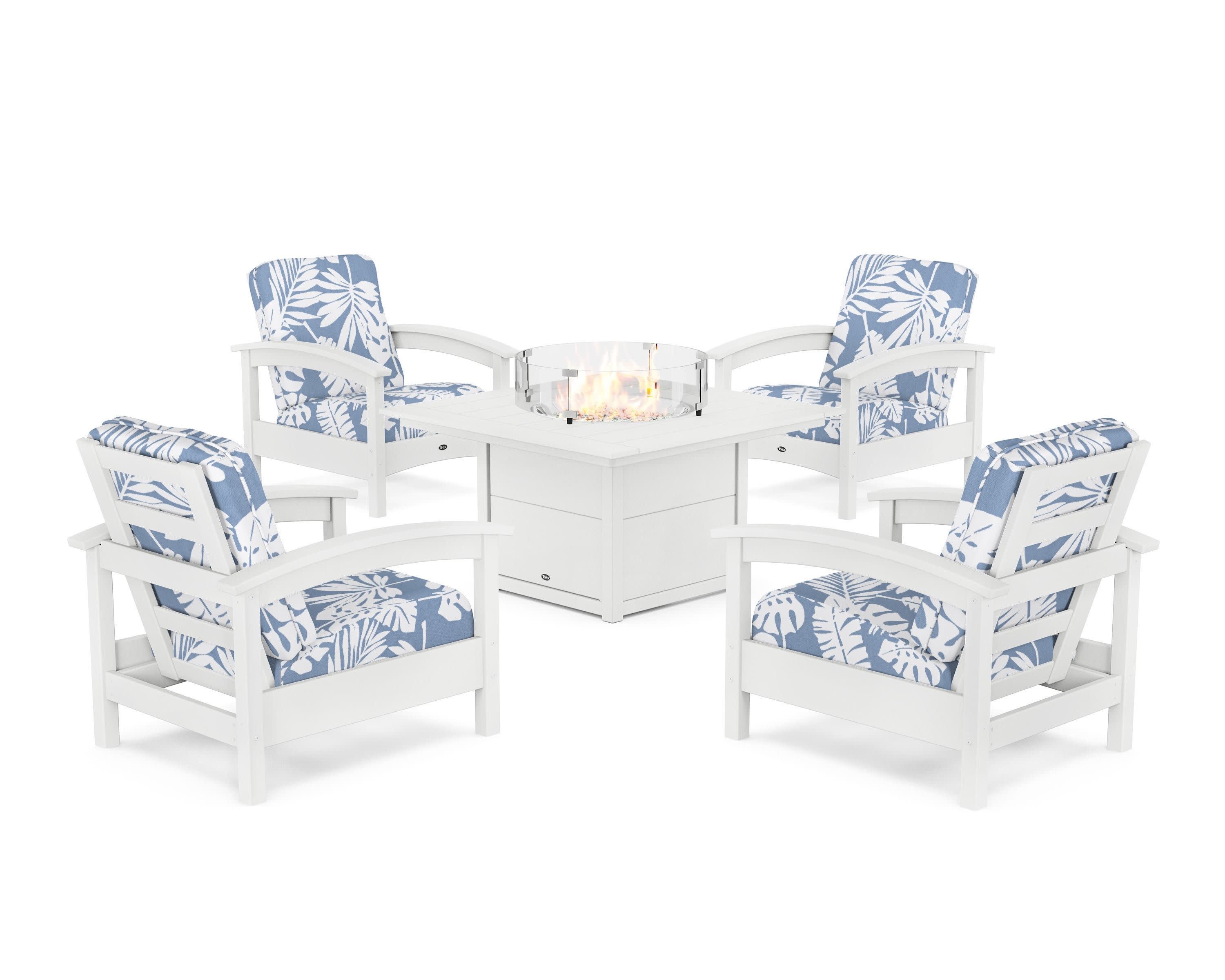 Rockport 5-Piece Deep Seating Set with Square Fire Pit Table in Classic White / Leaf Sky Blue