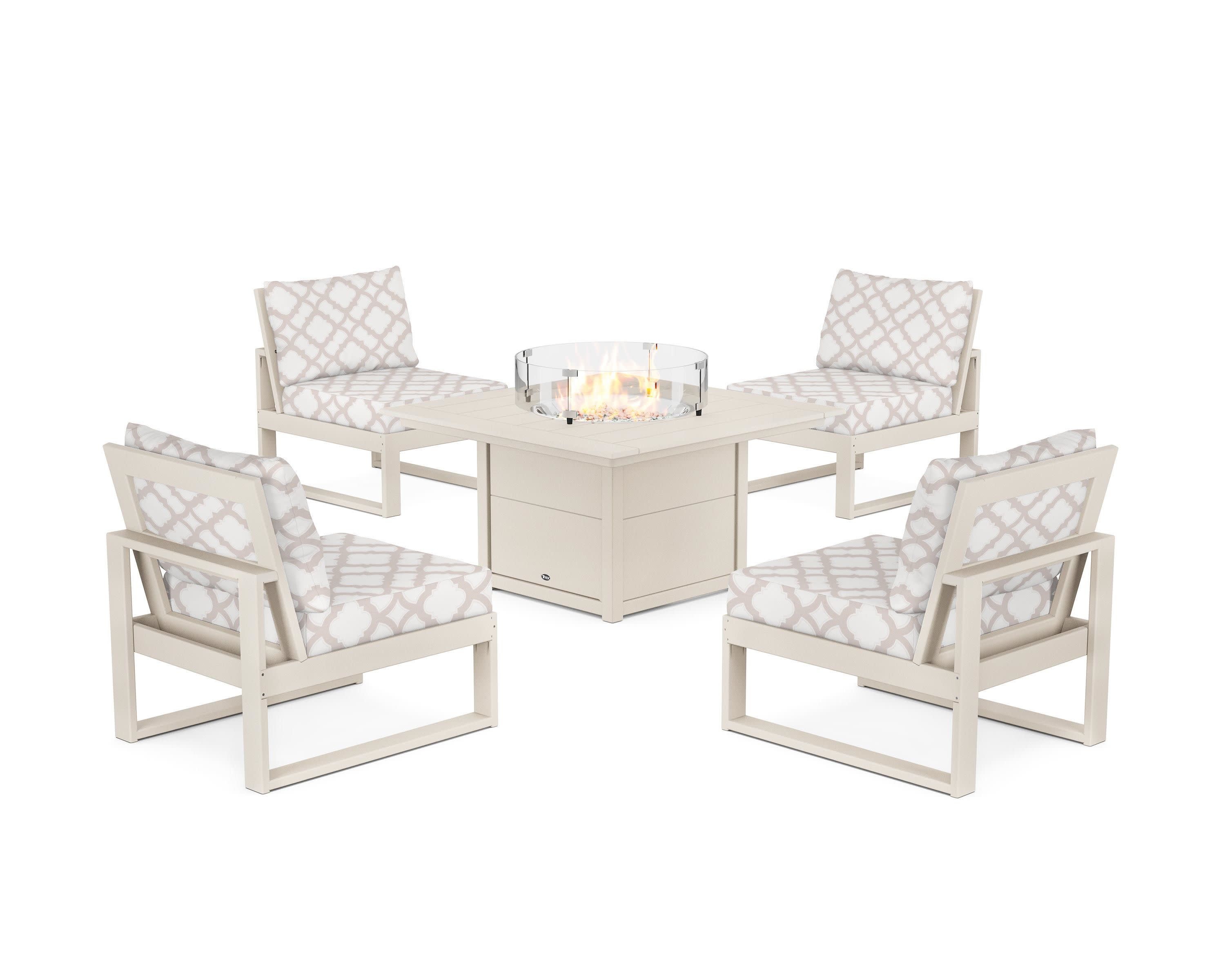 Eastport Modular 5-Piece Deep Seating Set with Square Fire Pit Table in Sand Castle / Trellis Dune Burlap