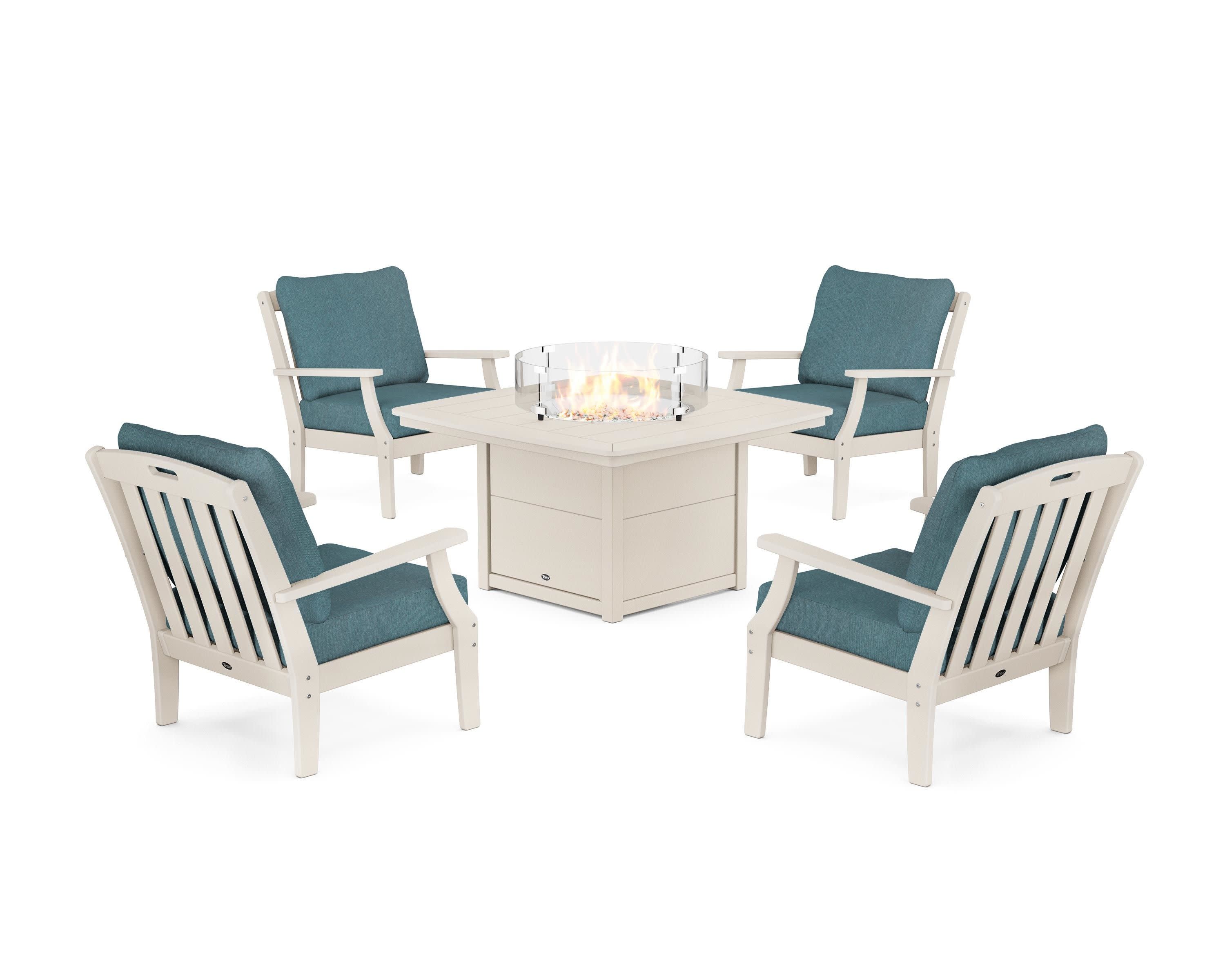 Yacht Club 5-Piece Deep Seating Set with Fire Pit Table in Sand Castle / Ocean Teal