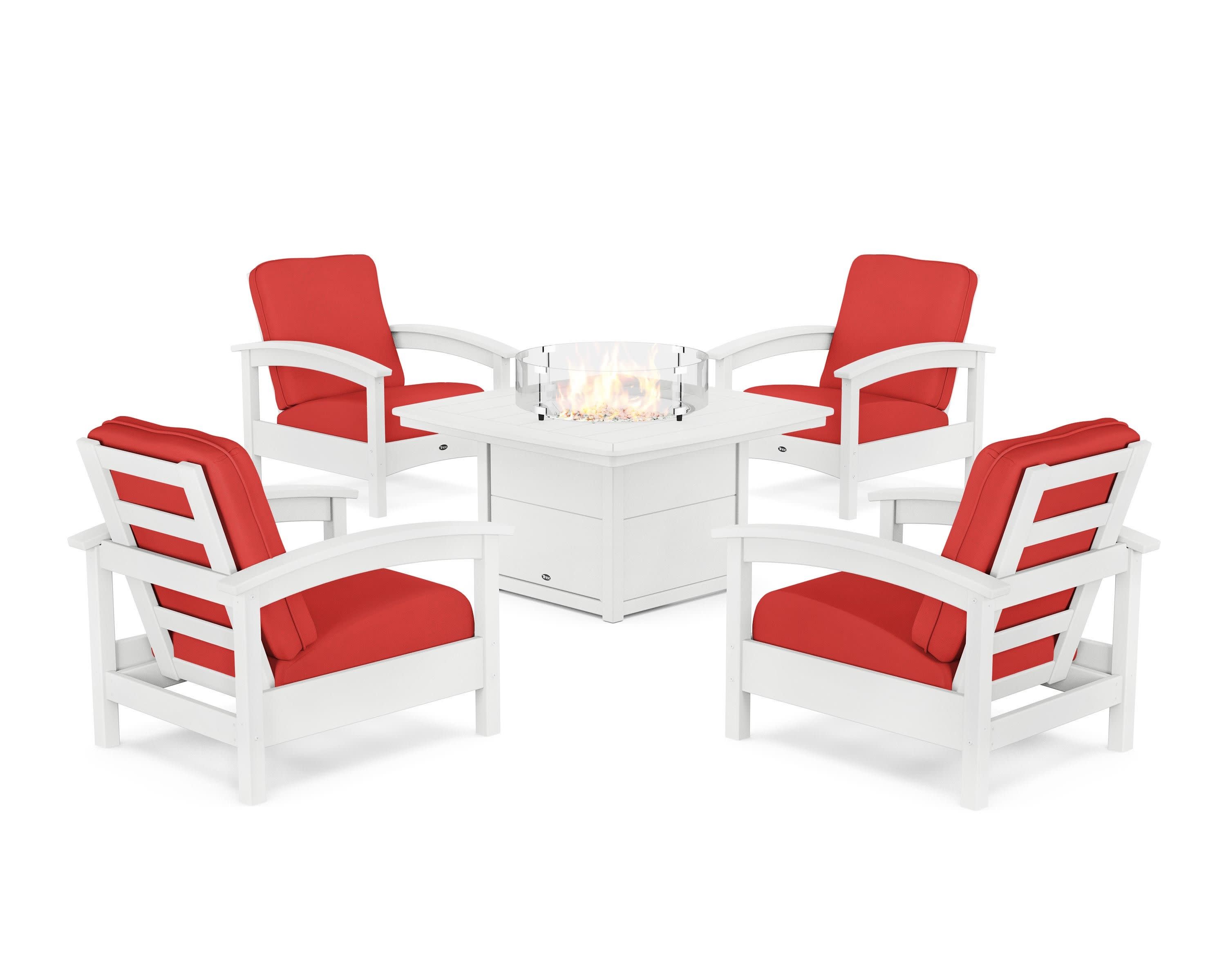 Rockport 5-Piece Deep Seating Set with Yacht Club Fire Pit Table in Classic White / Crimson Linen