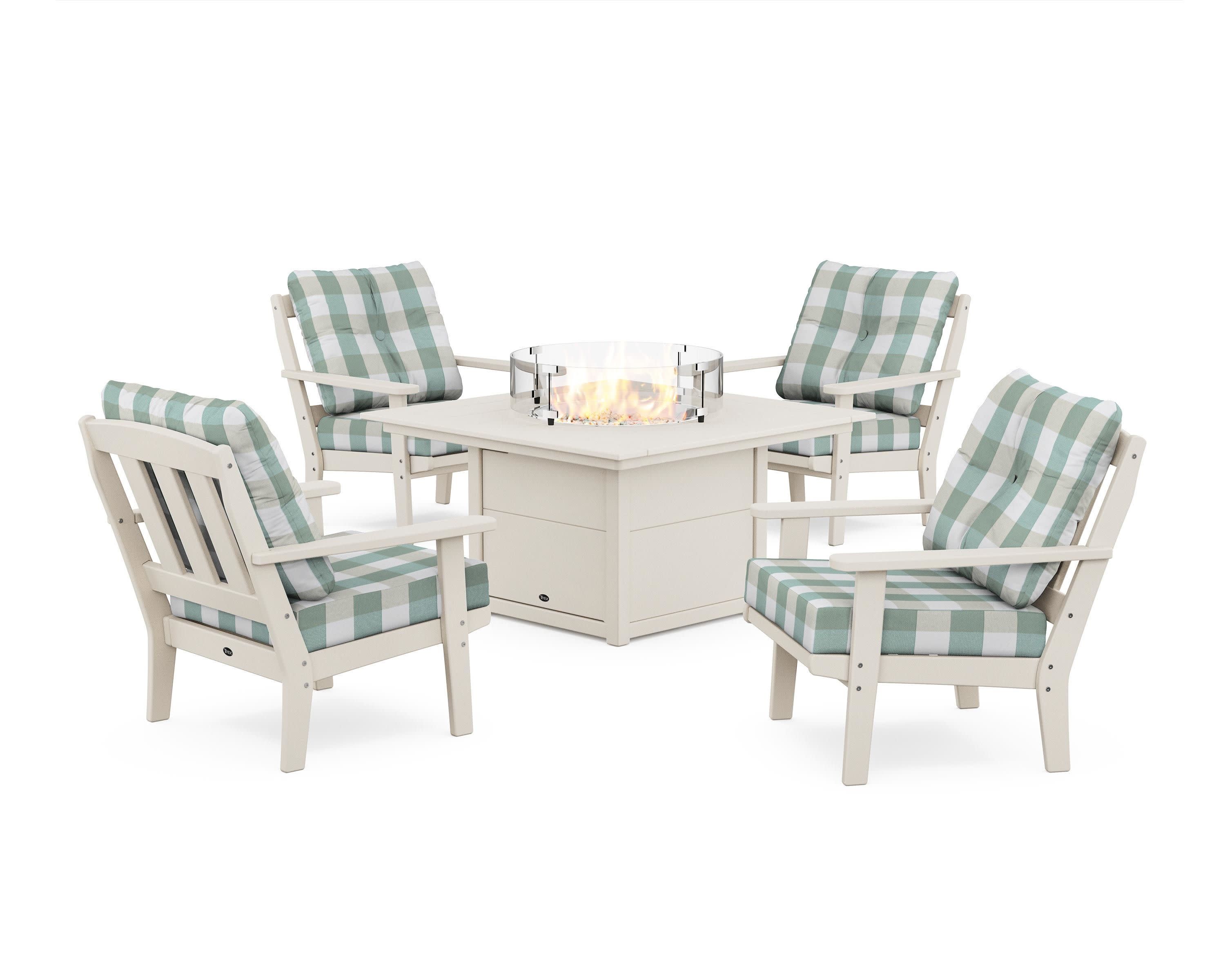Cape Cod 5-Piece Deep Seating Set with Fire Pit Table in Sand Castle / Buffalo Plaid Glacier Spa