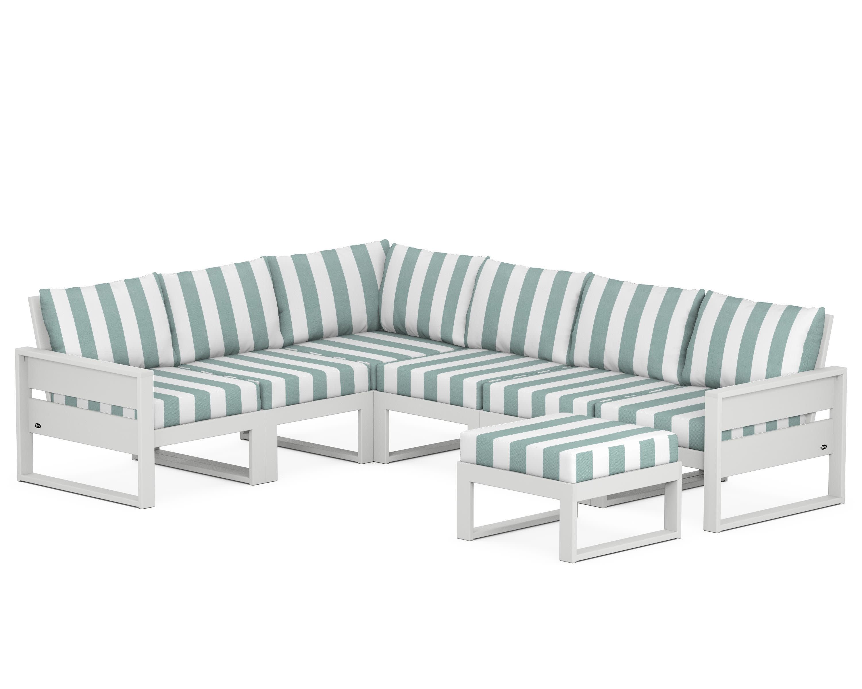 Eastport 6-Piece Sectional with Ottoman in Classic White / Cabana Stripe Glacier Spa