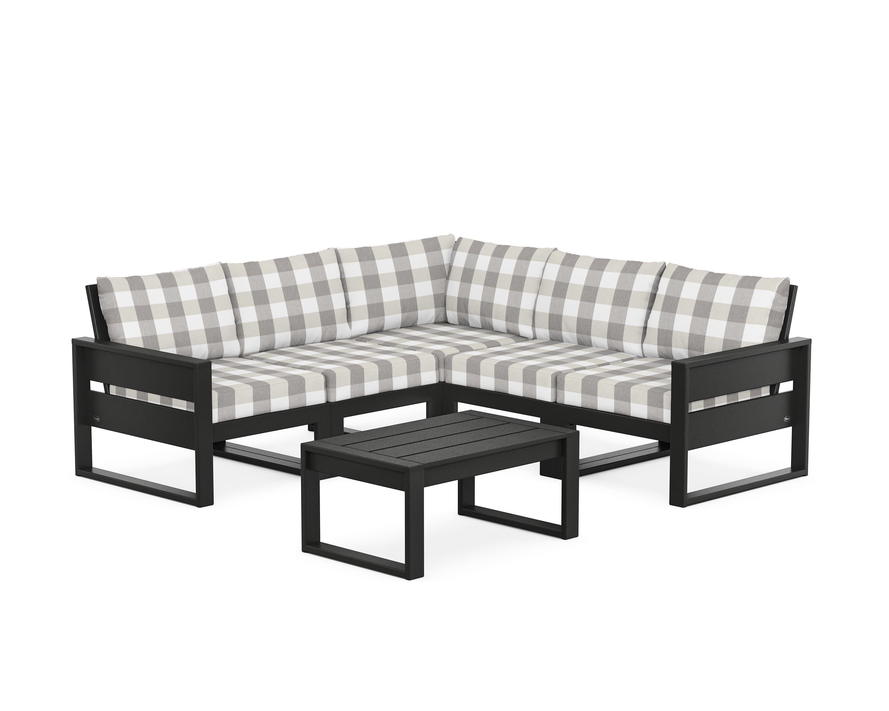 Eastport 6-Piece Deep Seating Sectional + Coffee Table Set in Charcoal Black / Buffalo Plaid Grey Mist