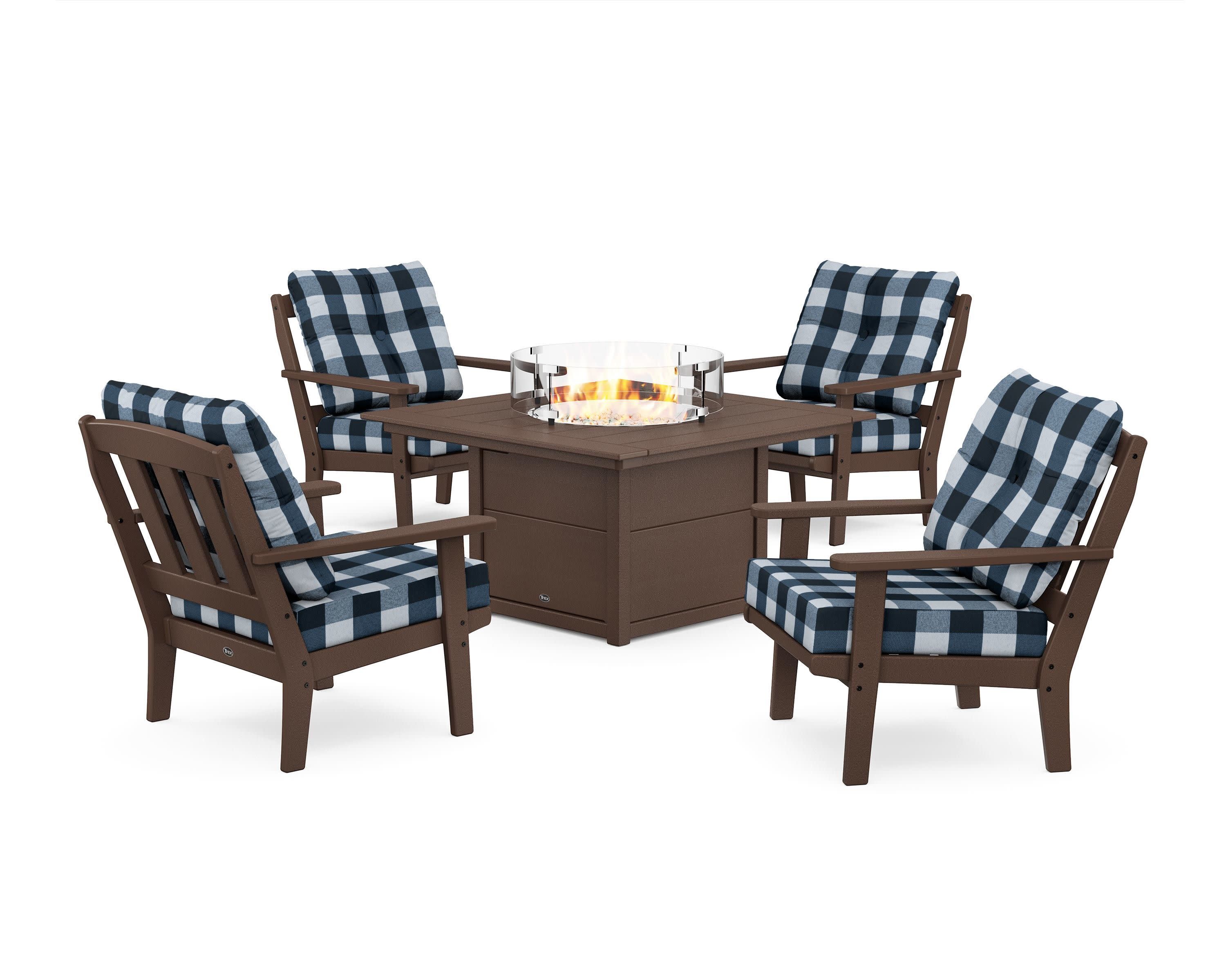 Cape Cod 5-Piece Deep Seating Set with Fire Pit Table in Vintage Lantern / Buffalo Plaid Marine Indigo