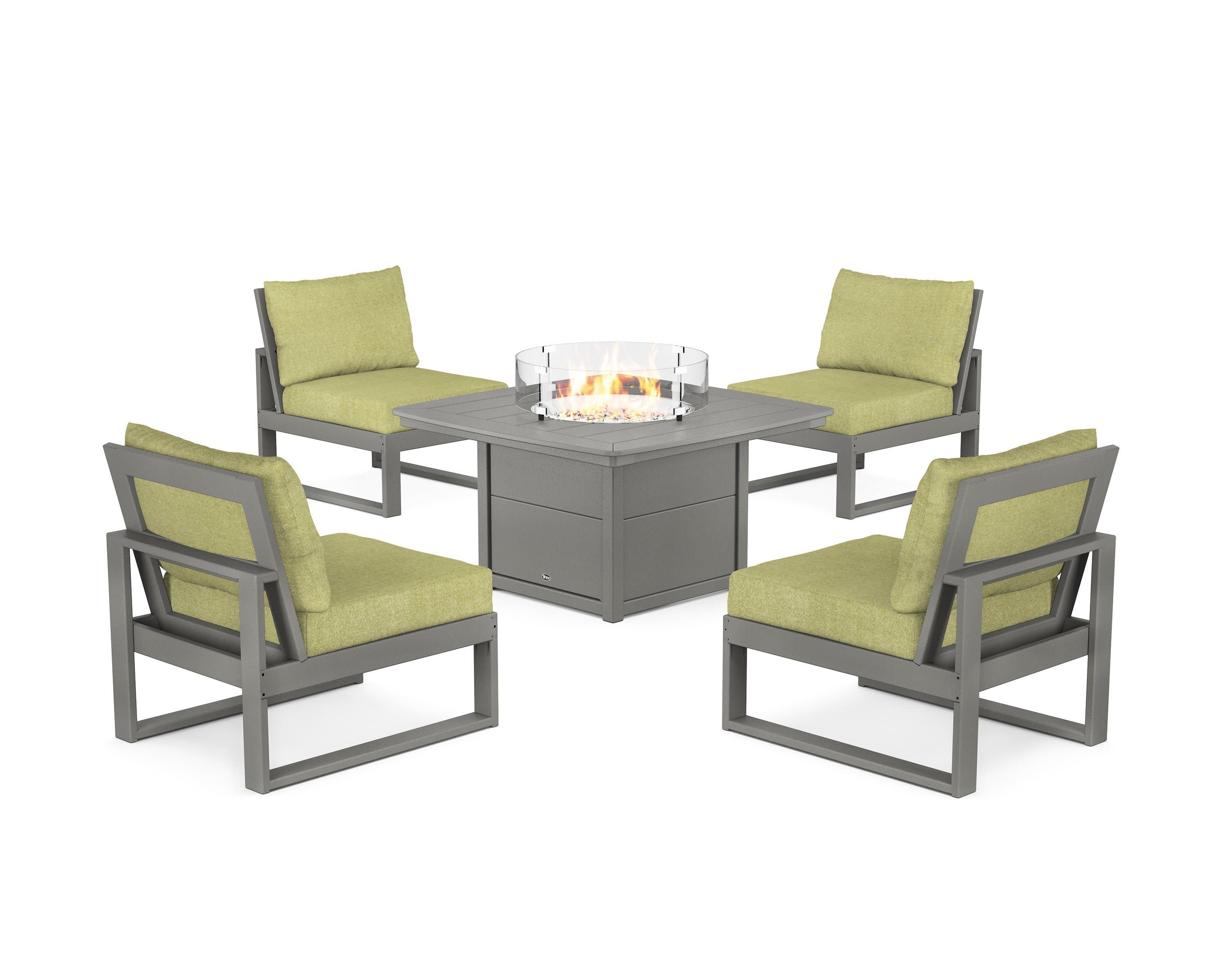 Eastport Modular 5-Piece Deep Seating Set with Yacht Club Fire Pit Table in Stepping Stone / Chartreuse Boucle