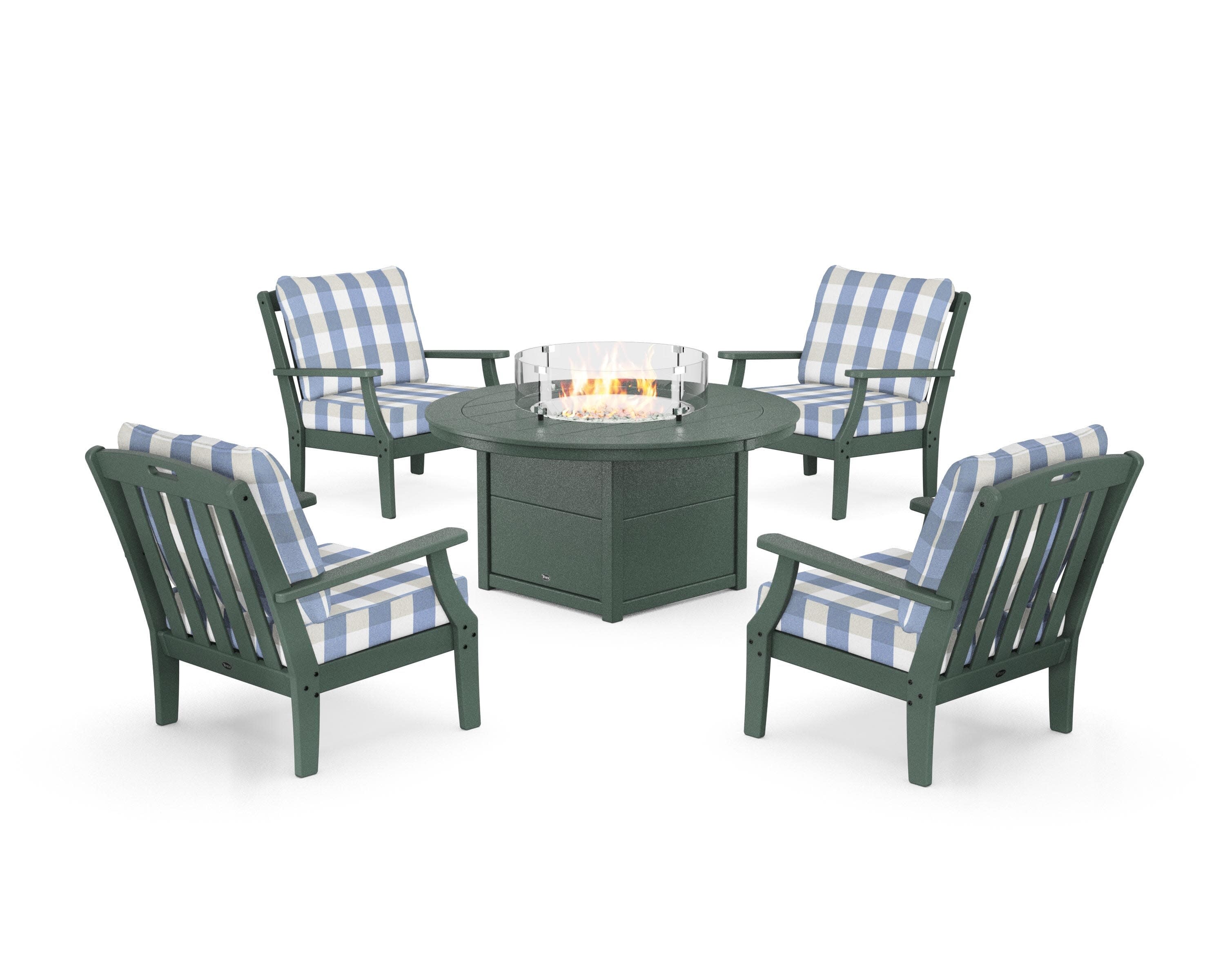 Yacht Club 5-Piece Deep Seating Set with Round Fire Pit Table in Rainforest Canopy / Buffalo Plaid Sky Blue