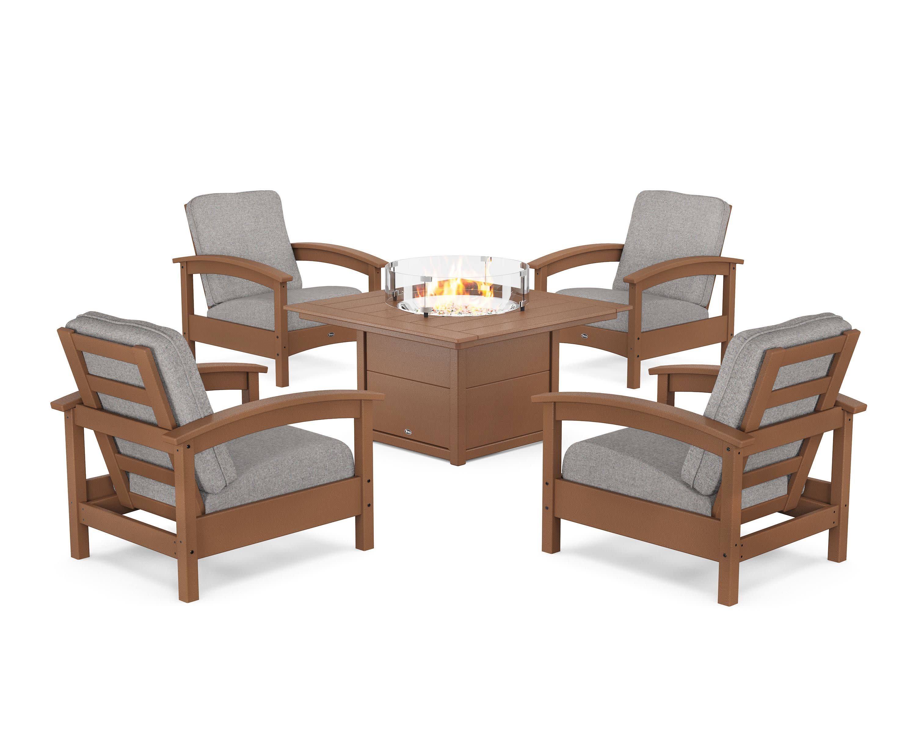 Rockport 5-Piece Deep Seating Set with Square Fire Pit Table in Tree House / Grey Mist