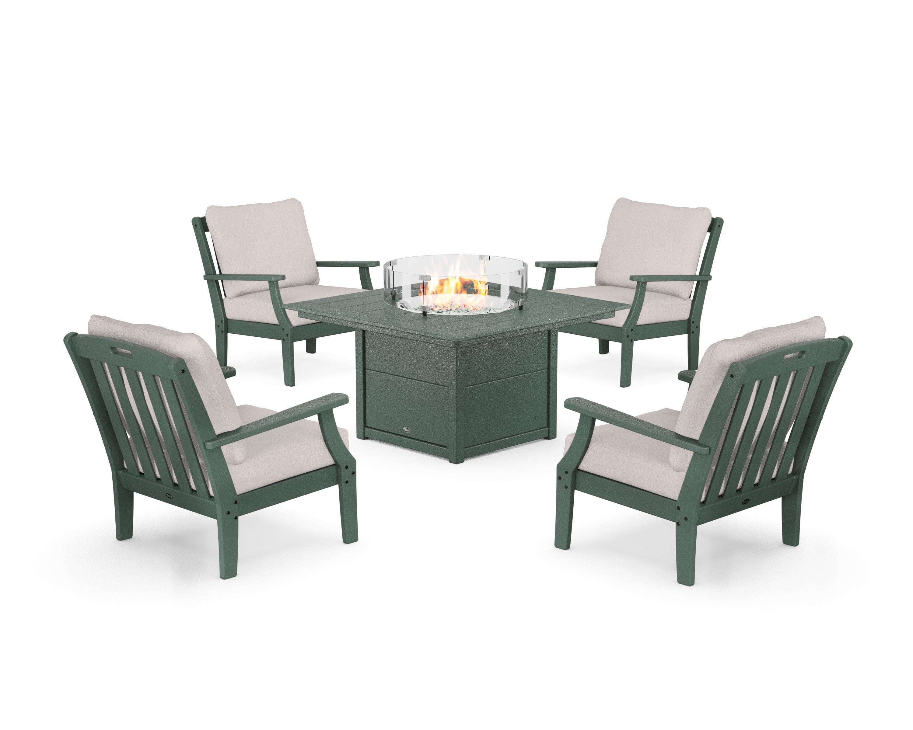 Yacht Club 5-Piece Deep Seating Set with Square Fire Pit Table in Rainforest Canopy / Dune Burlap