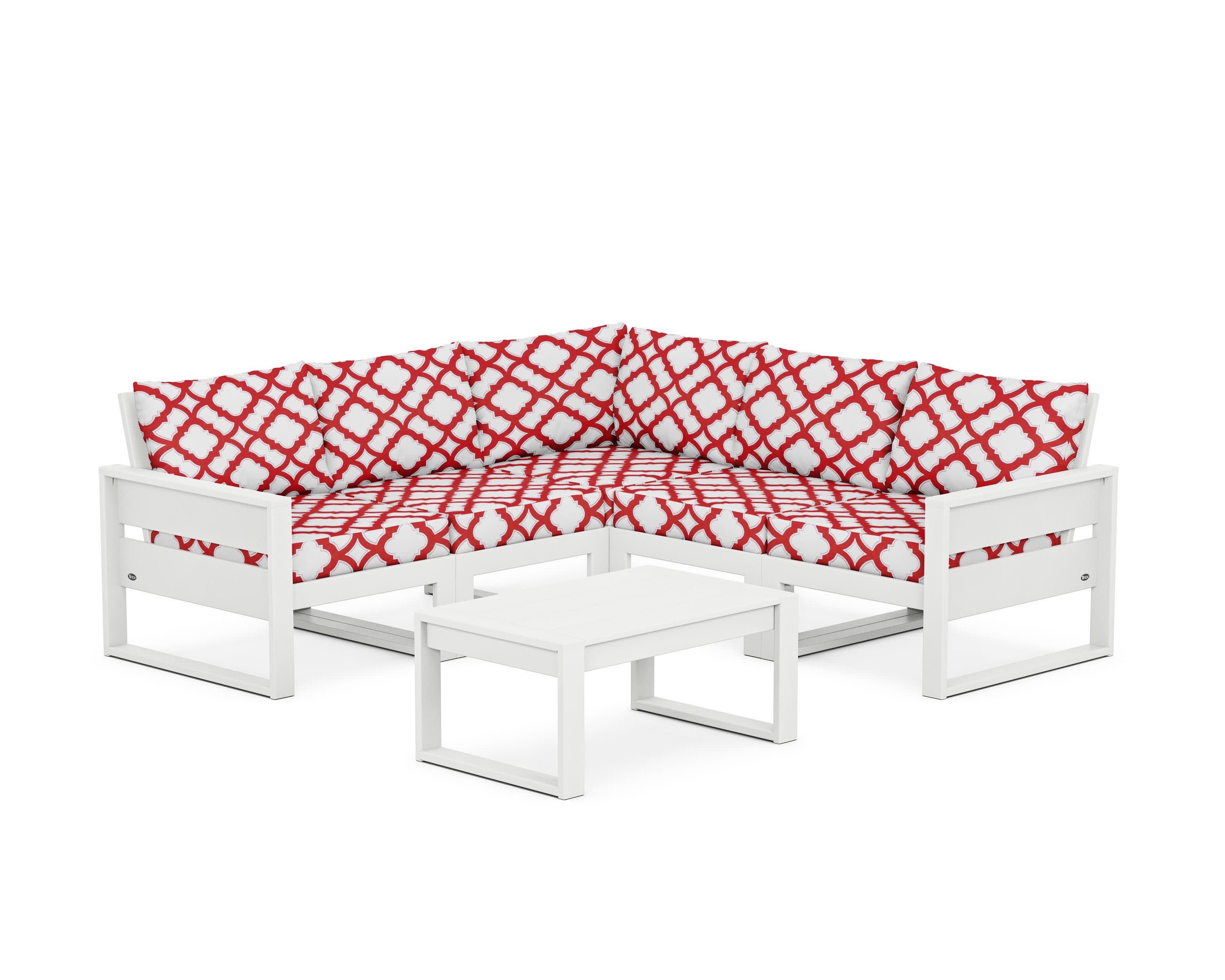 Eastport 6-Piece Deep Seating Sectional + Coffee Table Set in Classic White / Trellis Crimson