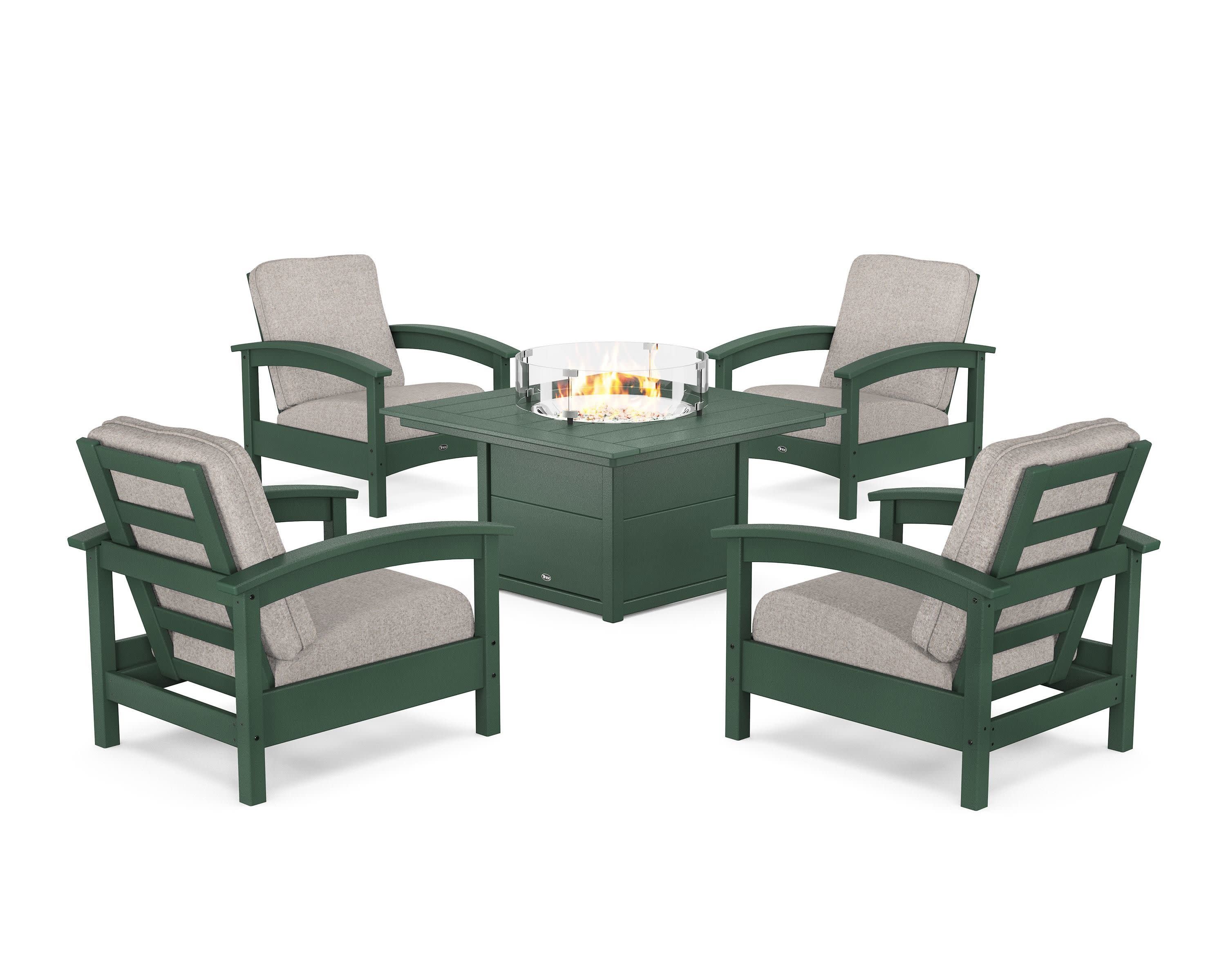 Rockport 5-Piece Deep Seating Set with Square Fire Pit Table in Rainforest Canopy / Weathered Tweed
