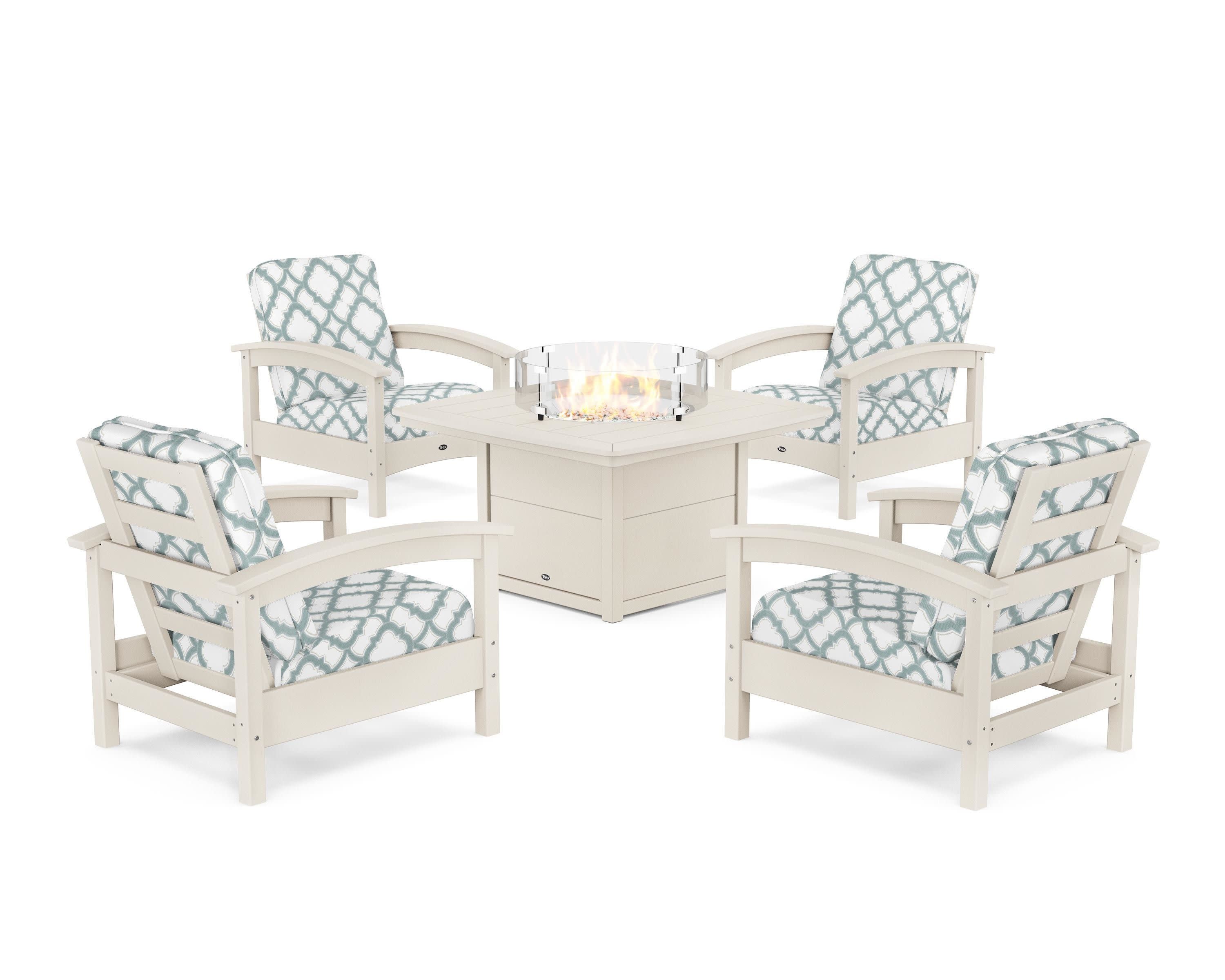 Rockport 5-Piece Deep Seating Set with Yacht Club Fire Pit Table in Sand Castle / Trellis Glacier Spa