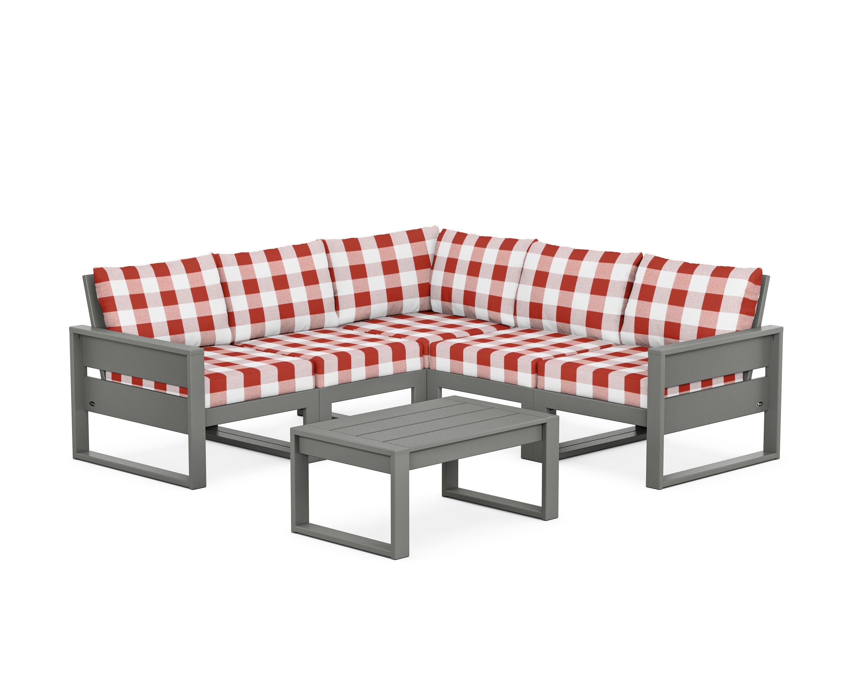 Eastport 6-Piece Deep Seating Sectional + Coffee Table Set in Stepping Stone / Buffalo Plaid Crimson