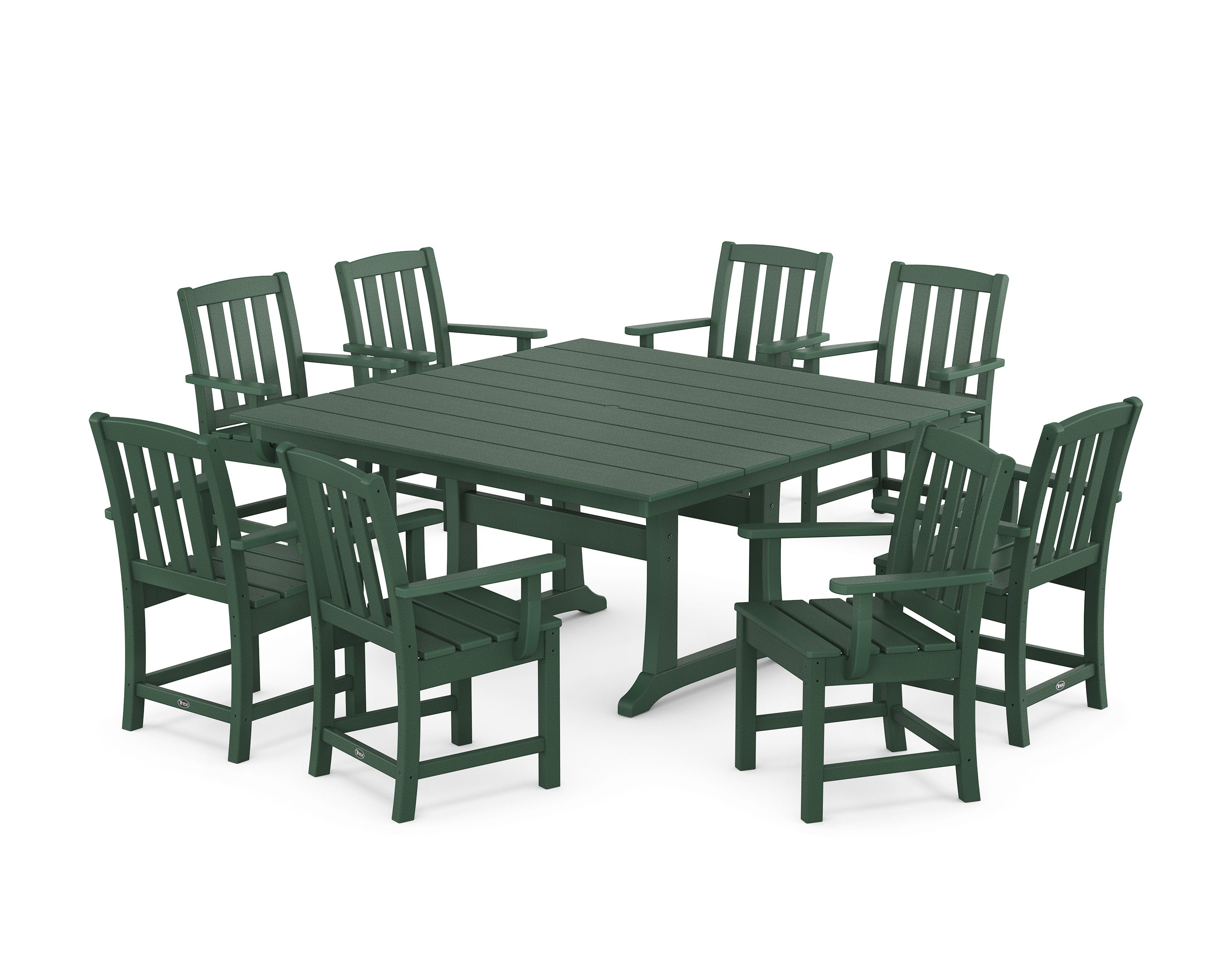 Cape Cod 9-Piece Square Farmhouse Dining Set with Trestle Legs in Rainforest Canopy